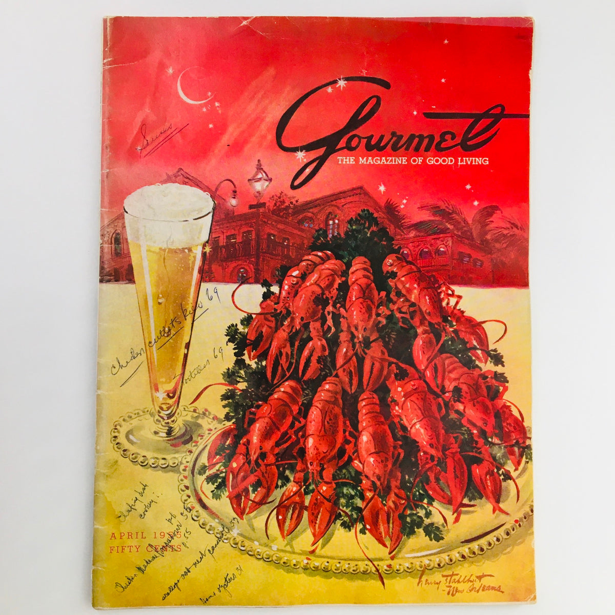 Cover of Gourmet Magazine April 1955 Vol 15 #4 titled 'Yankee in Paradise'. Features a vibrant illustration with a festive seafood dish and a beer glass.