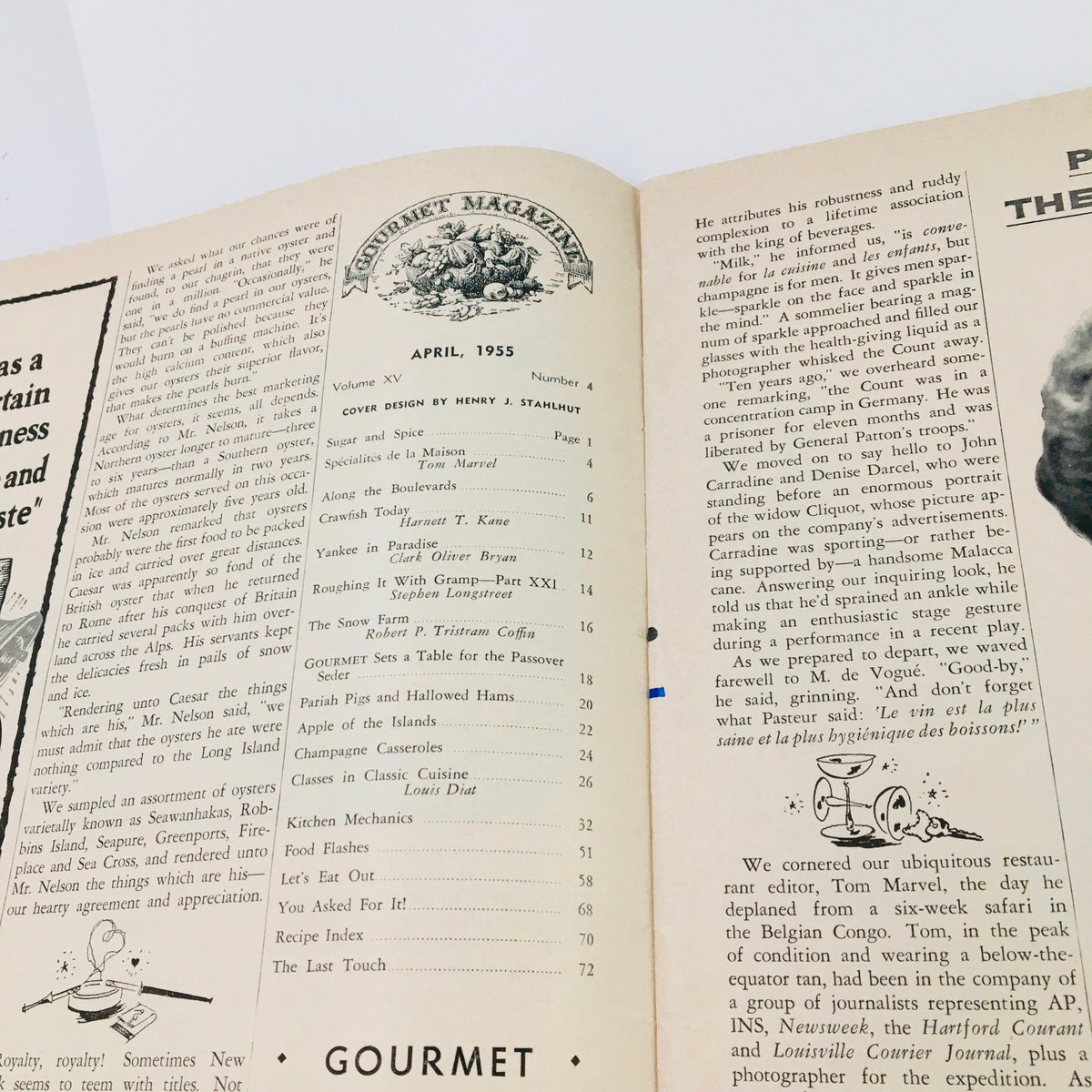 Table of contents page from Gourmet Magazine April 1955, Vol 15 No 4, featuring culinary articles and insights.