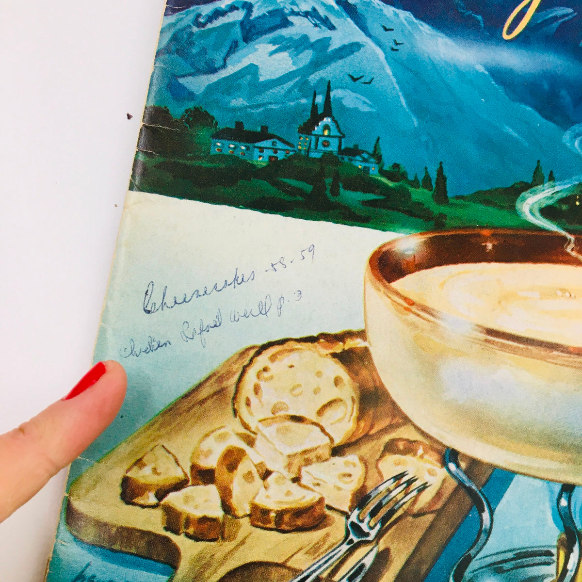 Close-up of the cover of Gourmet Magazine February 1955 Vol 15 #2, highlighting hand-written notes beside the cheese platter illustration.