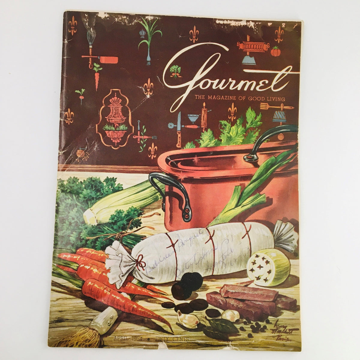 Cover of Gourmet Magazine April 1954, featuring a vibrant illustration of culinary ingredients, a red cooking pot, and various vegetables, embodying the theme of food and good living from the vintage era.