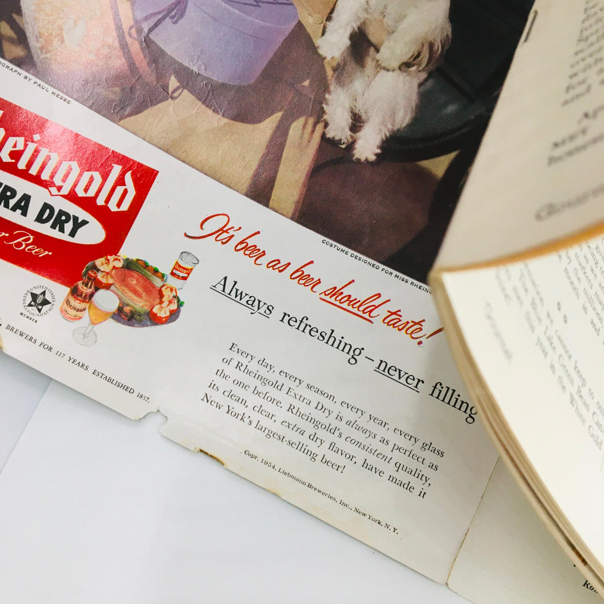 Gourmet Magazine April 1954 Vol 14 #4 with an advertisement for Rheingold Beer, promoting its refreshing qualities, connecting beer culture to mid-century dining experiences.