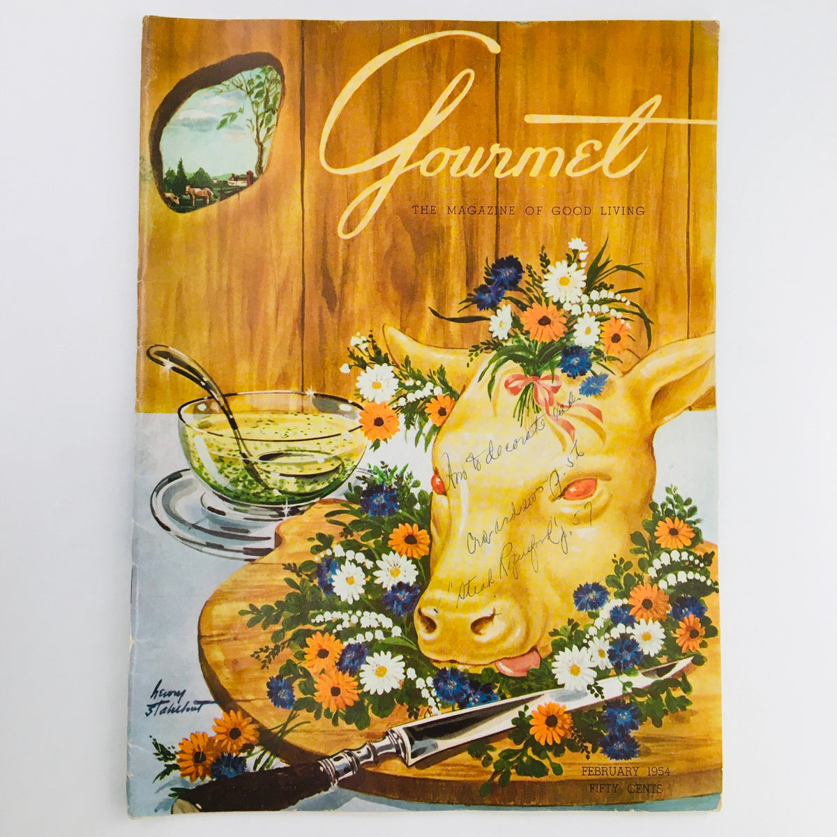 Cover of Gourmet Magazine February 1954, showcasing vibrant floral designs surrounding a pig's head centerpiece featuring exquisite culinary art.