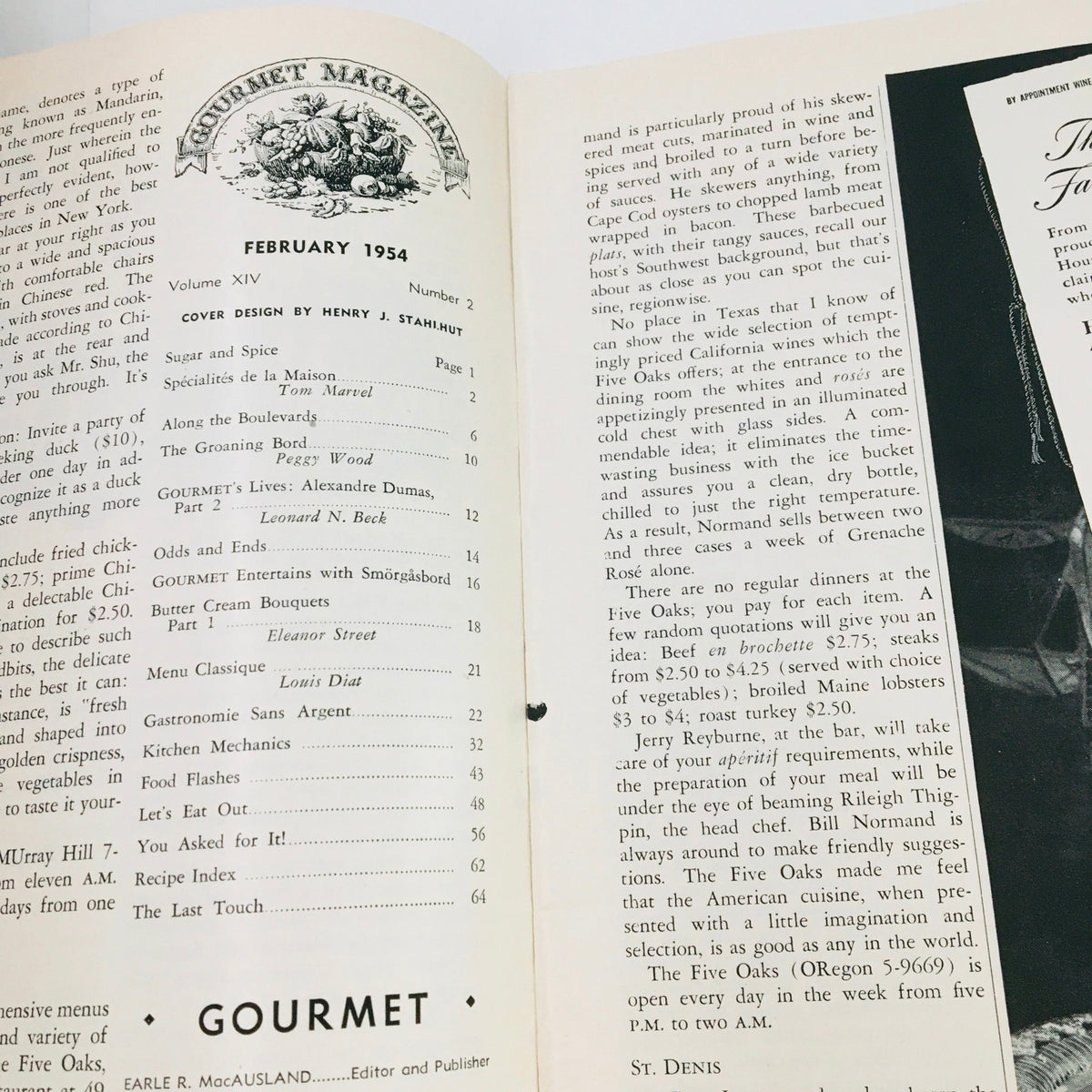 Inside page of Gourmet Magazine February 1954 displaying the table of contents, featuring articles related to Alexandre Dumas and culinary insights of the era.