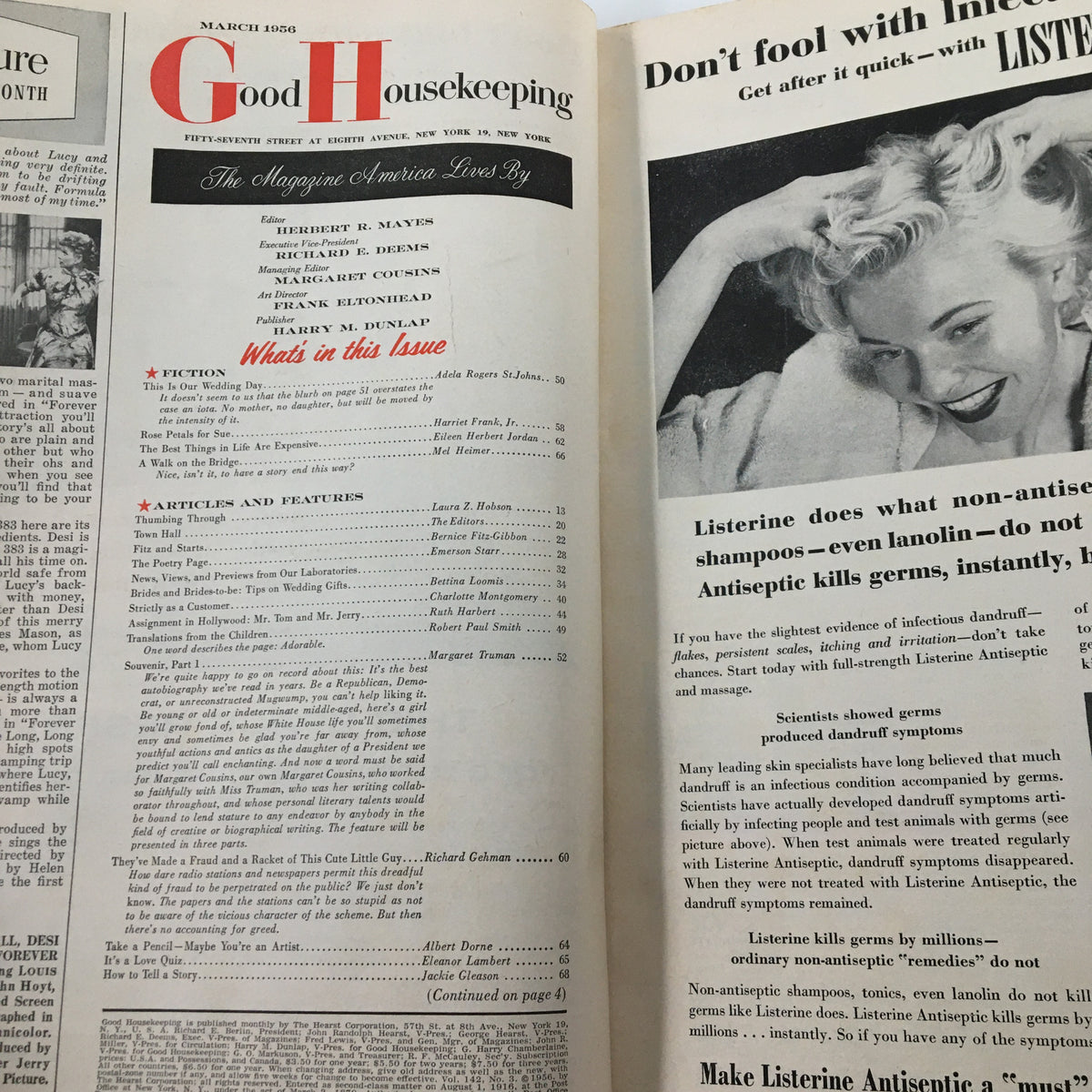 Inside page of Good Housekeeping March 1956 magazine displaying the table of contents and advertisements, offering a glimpse into historical consumer culture.