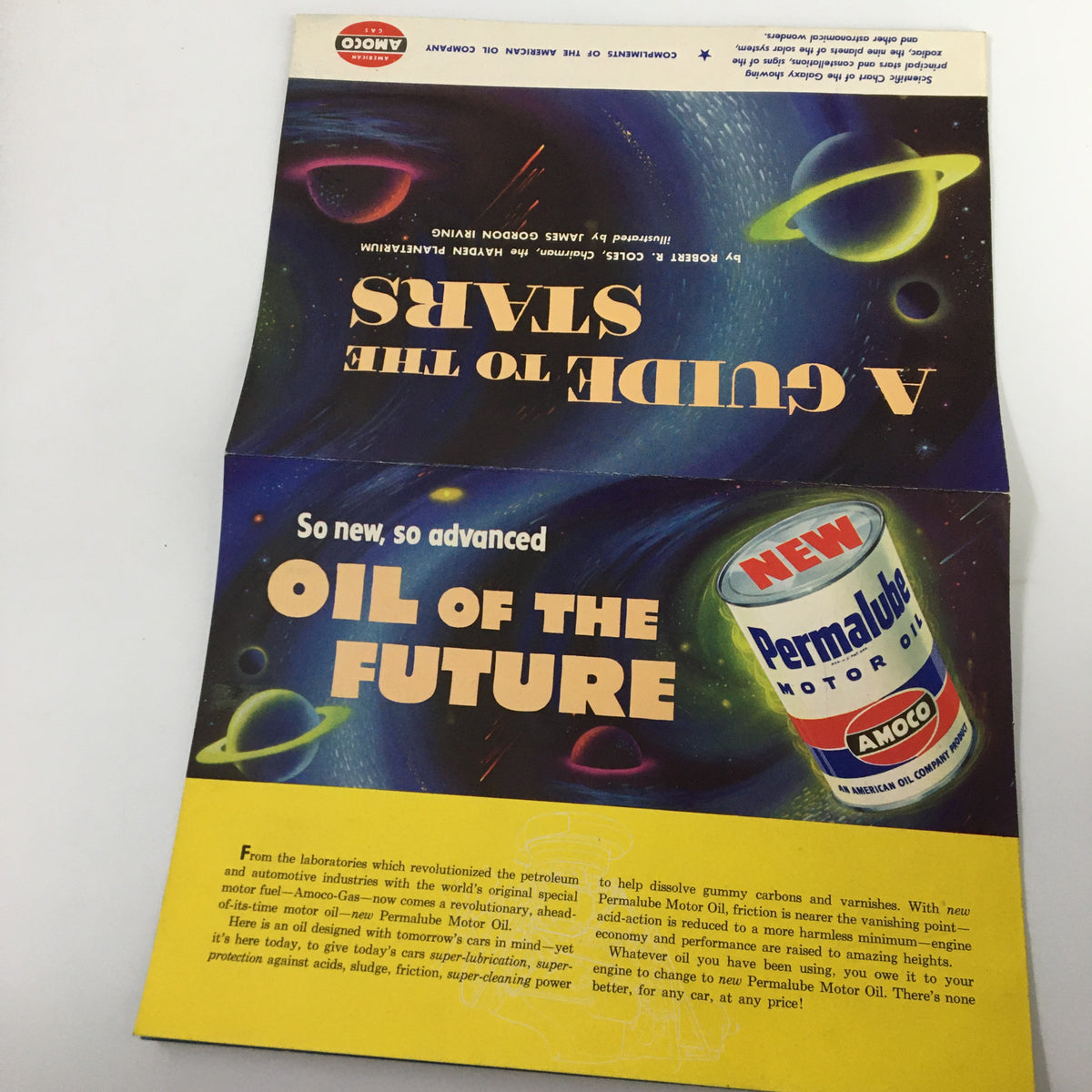 Back cover of VTG 1954 A Guide To The Stars by Robert R. Coles, advertising Amoco's Permalube motor oil with cosmic design elements.