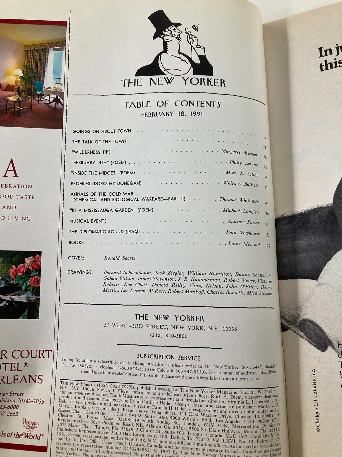Table of Contents from The New Yorker magazine, February 18, 1991, featuring articles and poems along with cover art by Ronald Searle. Discover features such as 'Wilderness Tips,' 'January 14th,' and profiles in this vintage issue.