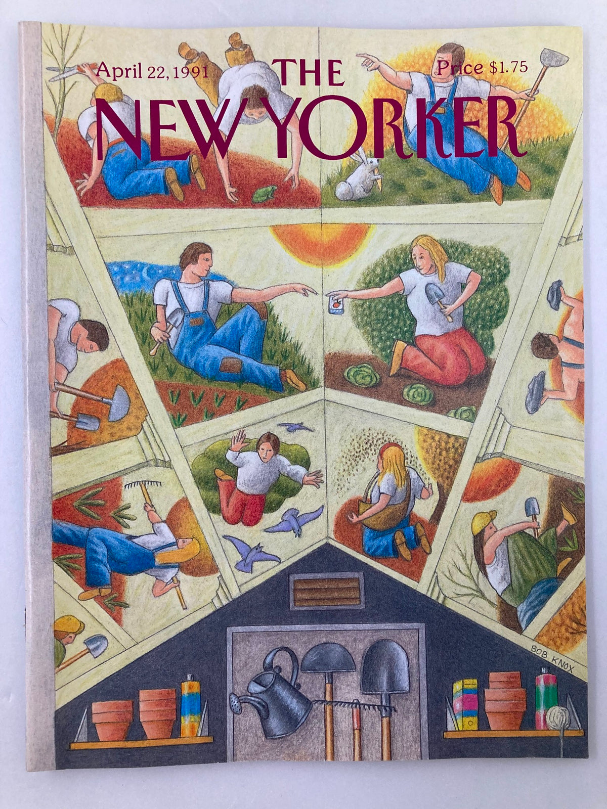 Cover of The New Yorker Full Magazine April 22 1991 featuring 'Garden Pal' by Bob Knox, showcasing colorful illustrations of garden scenes and outdoor activities.