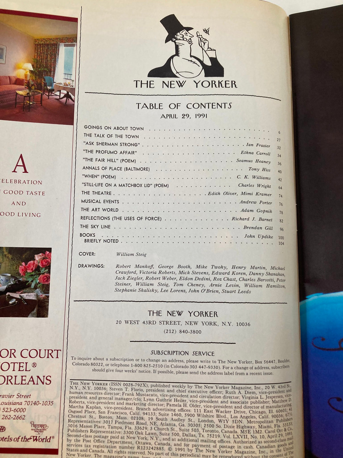 Table of Contents page from The New Yorker Full Magazine April 29 1991, listing articles and illustrations within the issue, including contributions from various authors.