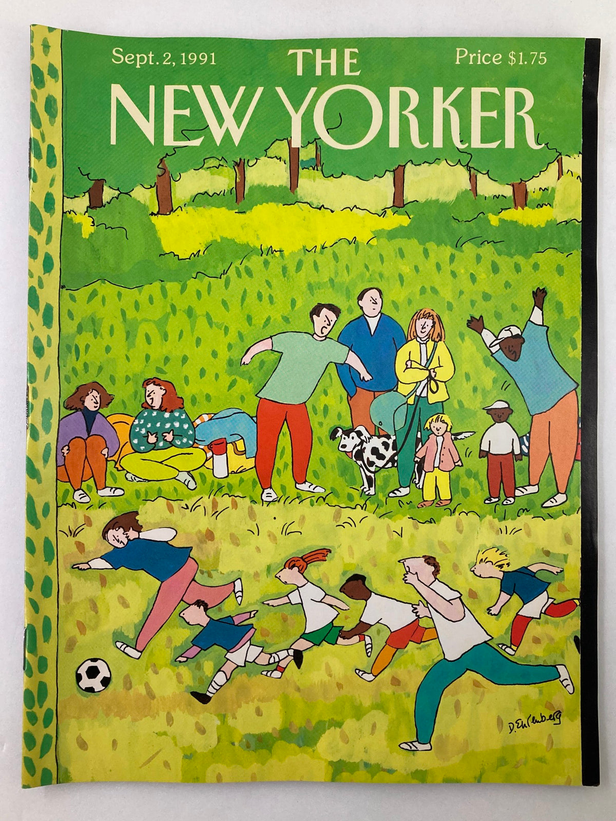 Cover of 'The New Yorker Full Magazine September 2 1991 Picnic Day by Devera E', featuring a vibrant illustration of families and children enjoying a picnic in a green park, emphasizing the theme of leisure and community.
