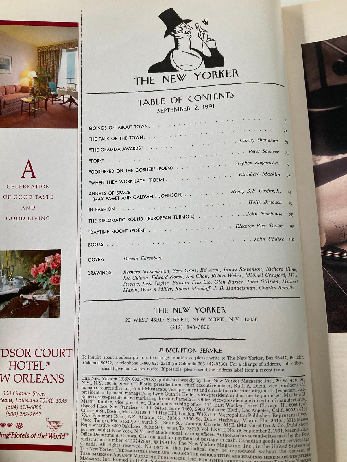 Inside page of 'The New Yorker Full Magazine September 2 1991 Picnic Day by Devera E', displaying the table of contents with a classic and elegant layout, highlighting various articles and features of this historic issue.