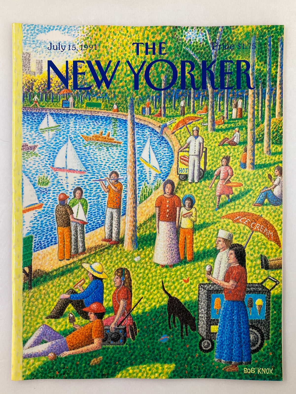 The New Yorker Full Magazine July 15 1991 Ice Cream Day cover by Bob Knox, featuring a vibrant park scene with families enjoying ice cream and leisure activities by the water.