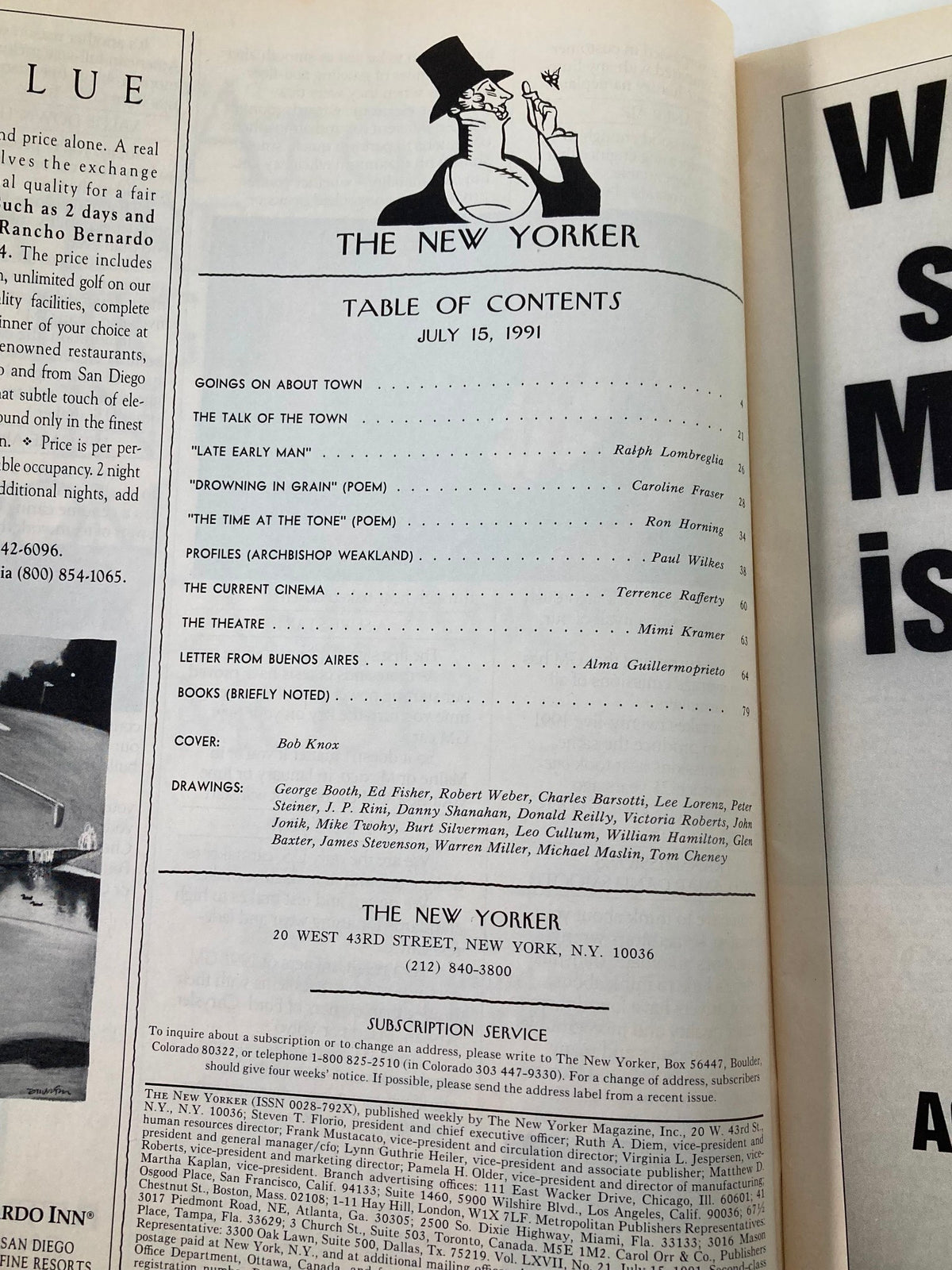 Table of contents from The New Yorker July 15 1991 issue, listing articles and features including 'The Talk of the Town' and poems, with cover art credited to Bob Knox.