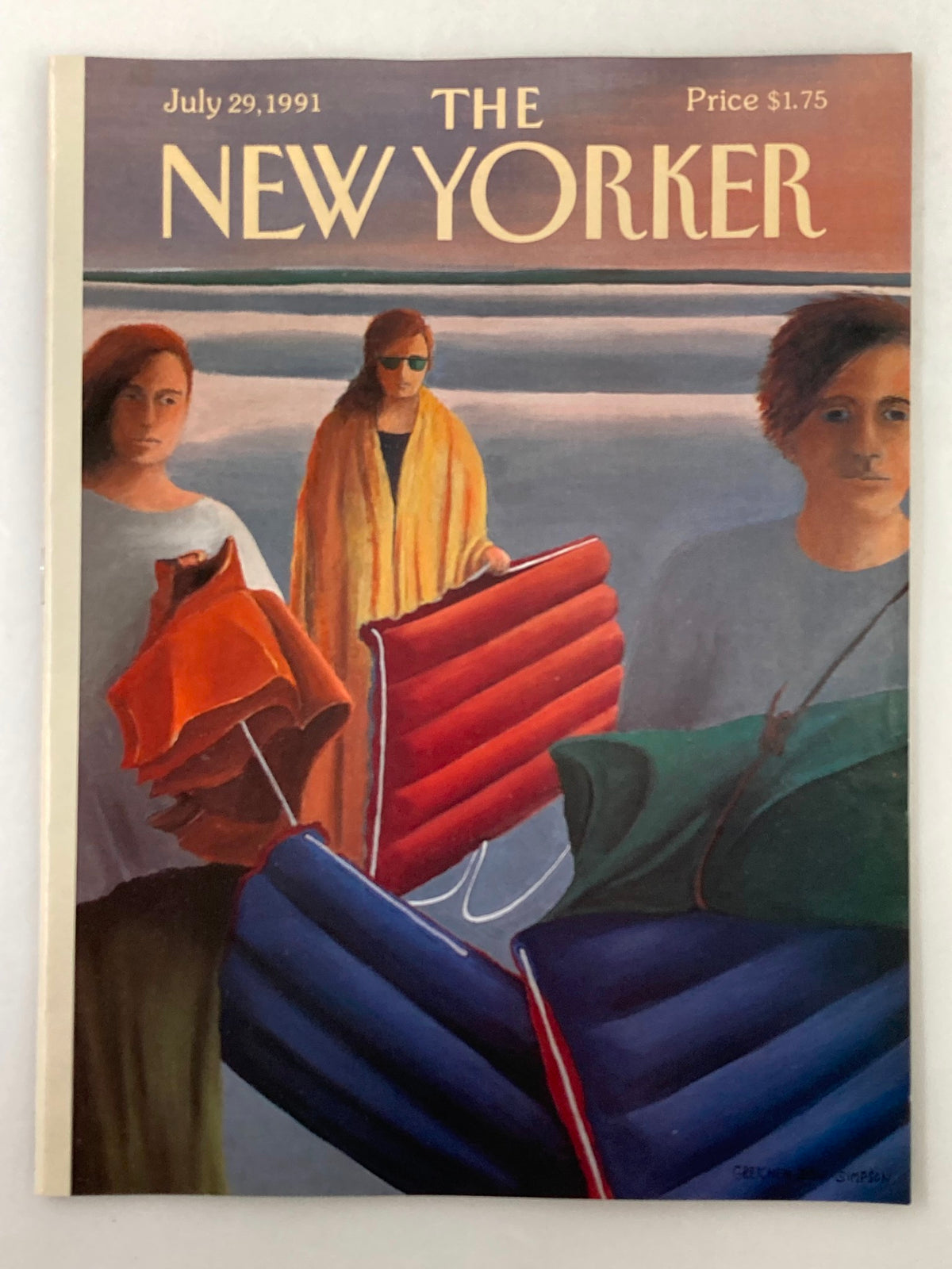 Cover of The New Yorker Full Magazine July 29 1991, featuring the artwork 'Beach Day' by Gretchen D., depicting three figures with beach gear near the ocean.