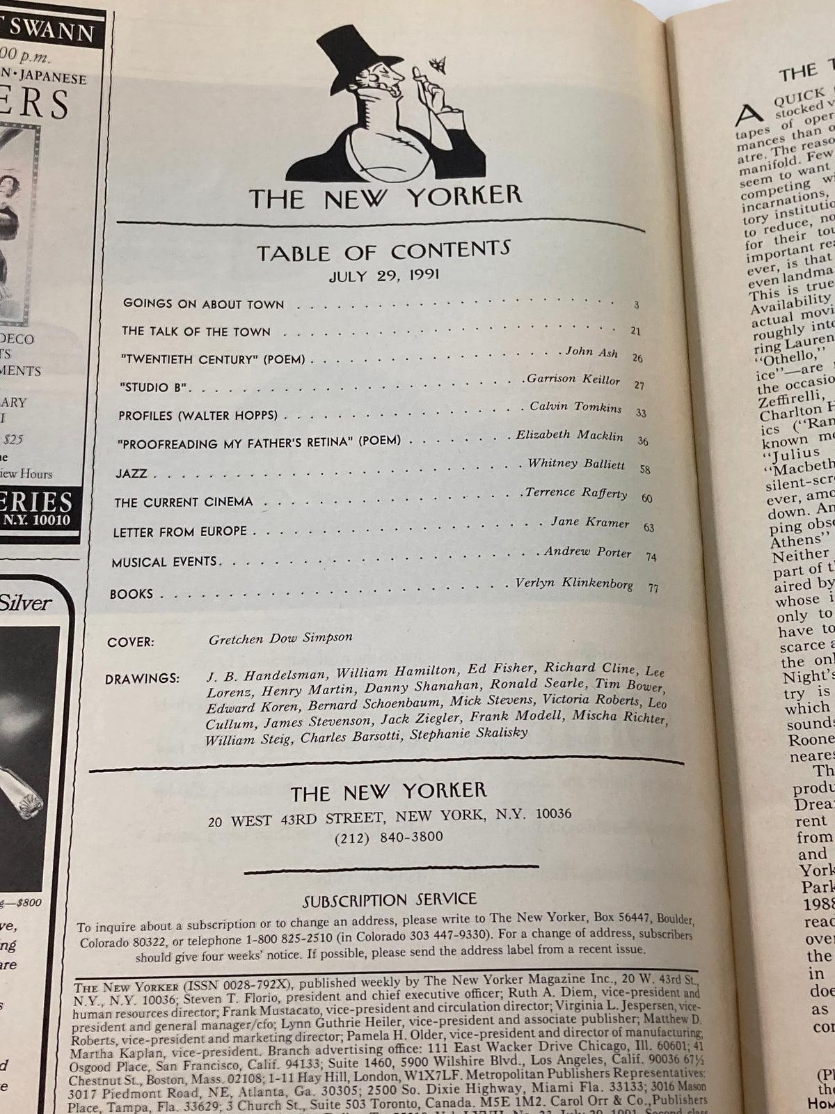 Inside page of The New Yorker Full Magazine July 29 1991, showing the Table of Contents with illustrations and article titles including contributions from various authors.