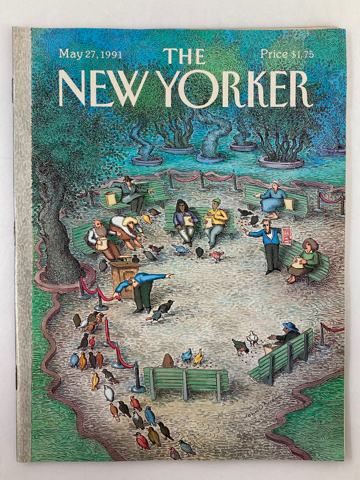 The New Yorker Full Magazine May 27 1991 featuring a colorful cover illustration titled 'Bird Feeding' by John O., depicting a vibrant scene of people feeding birds in a park.