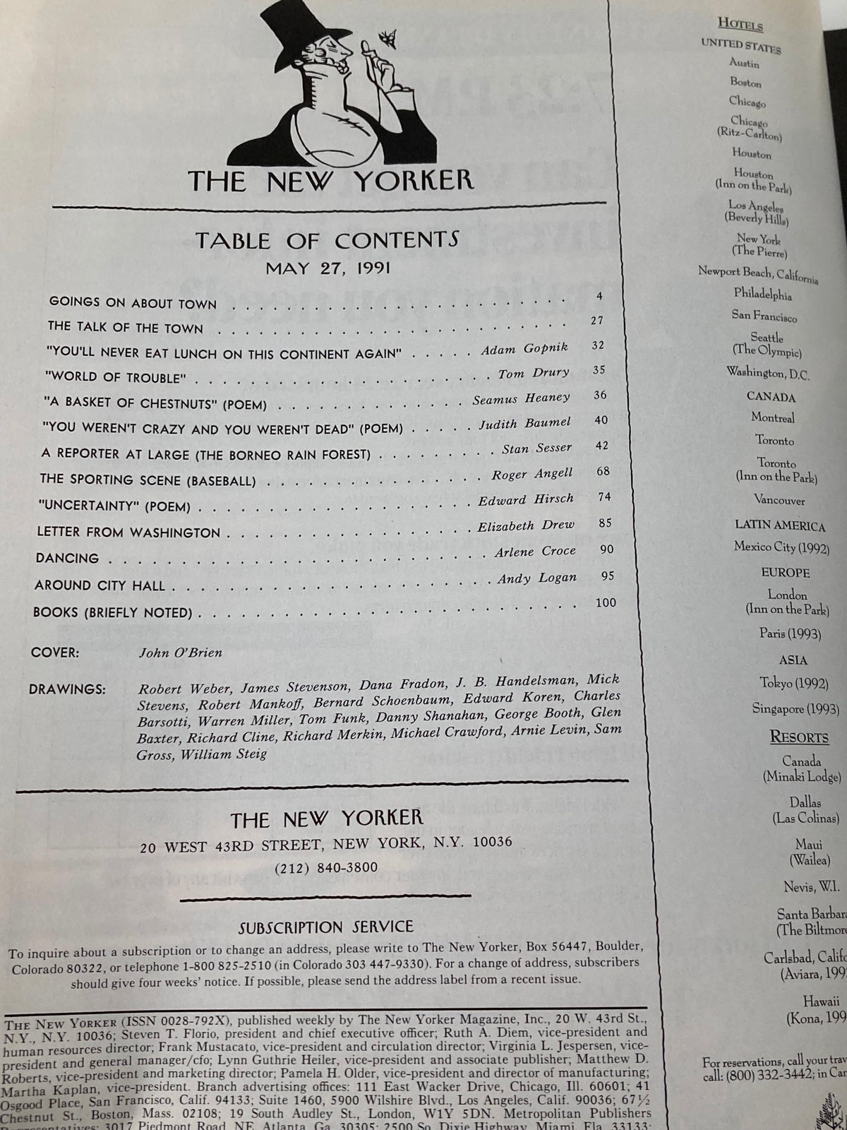 Table of contents from The New Yorker magazine May 27, 1991 featuring articles and poetry including a cover by John O'Brien.