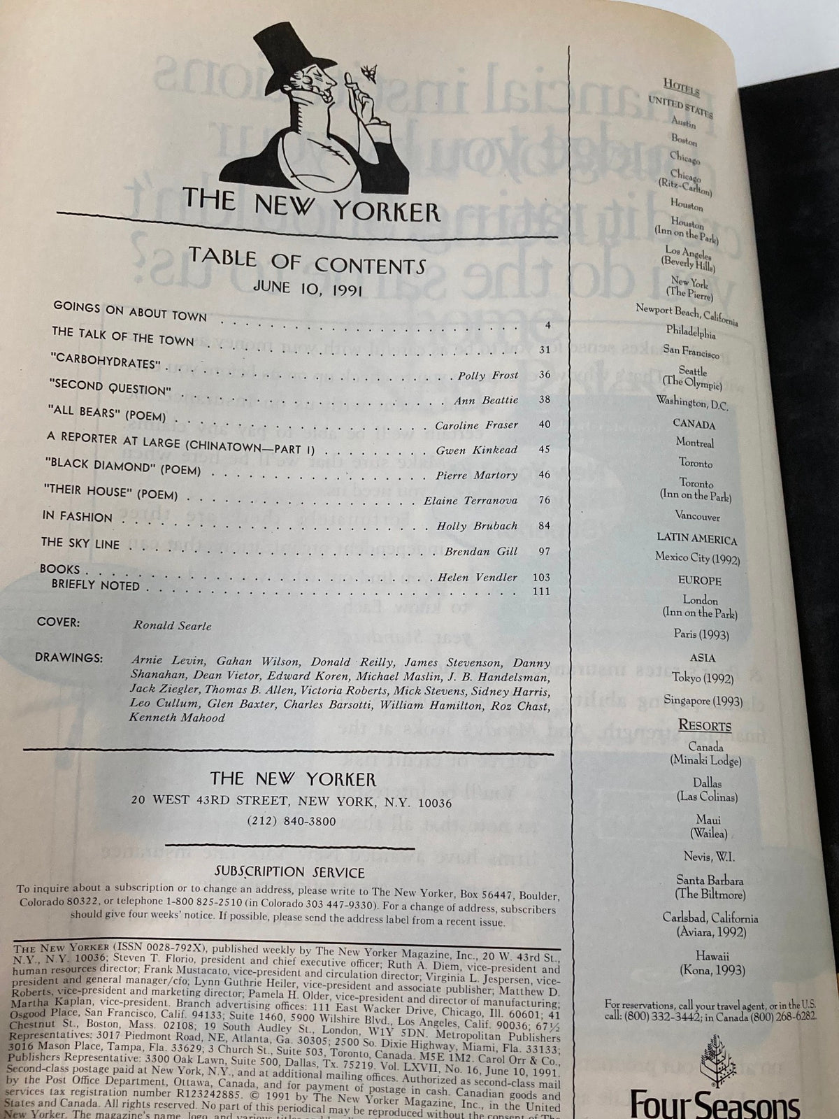 Table of Contents page from The New Yorker Full Magazine June 10 1991 listing various articles and features, highlighting the publication's unique insights.