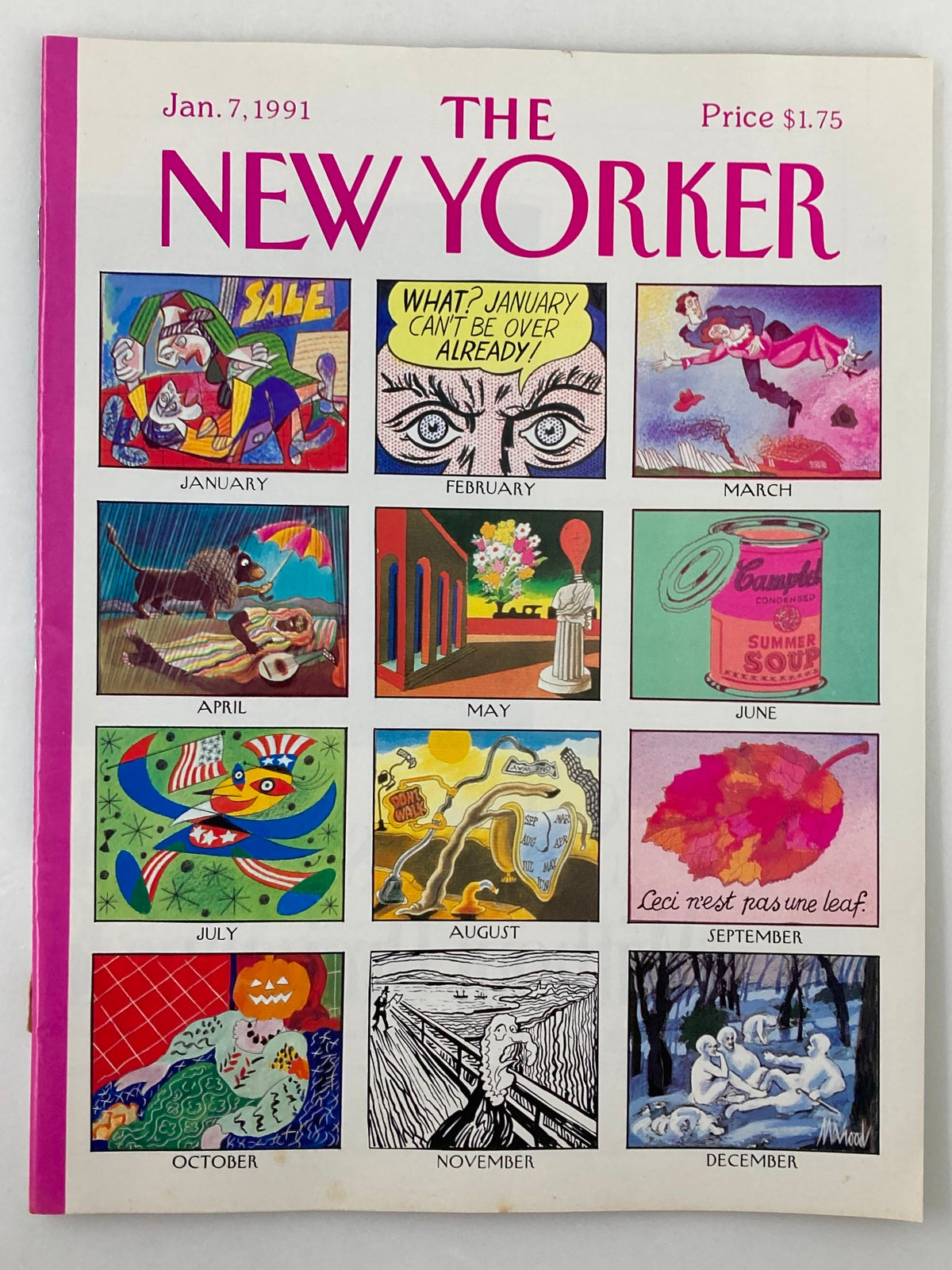 Cover of 'The New Yorker' magazine, January 7, 1991 featuring monthly comics illustrated by Mahood, showcasing vibrant artwork and the magazine's distinctive title.