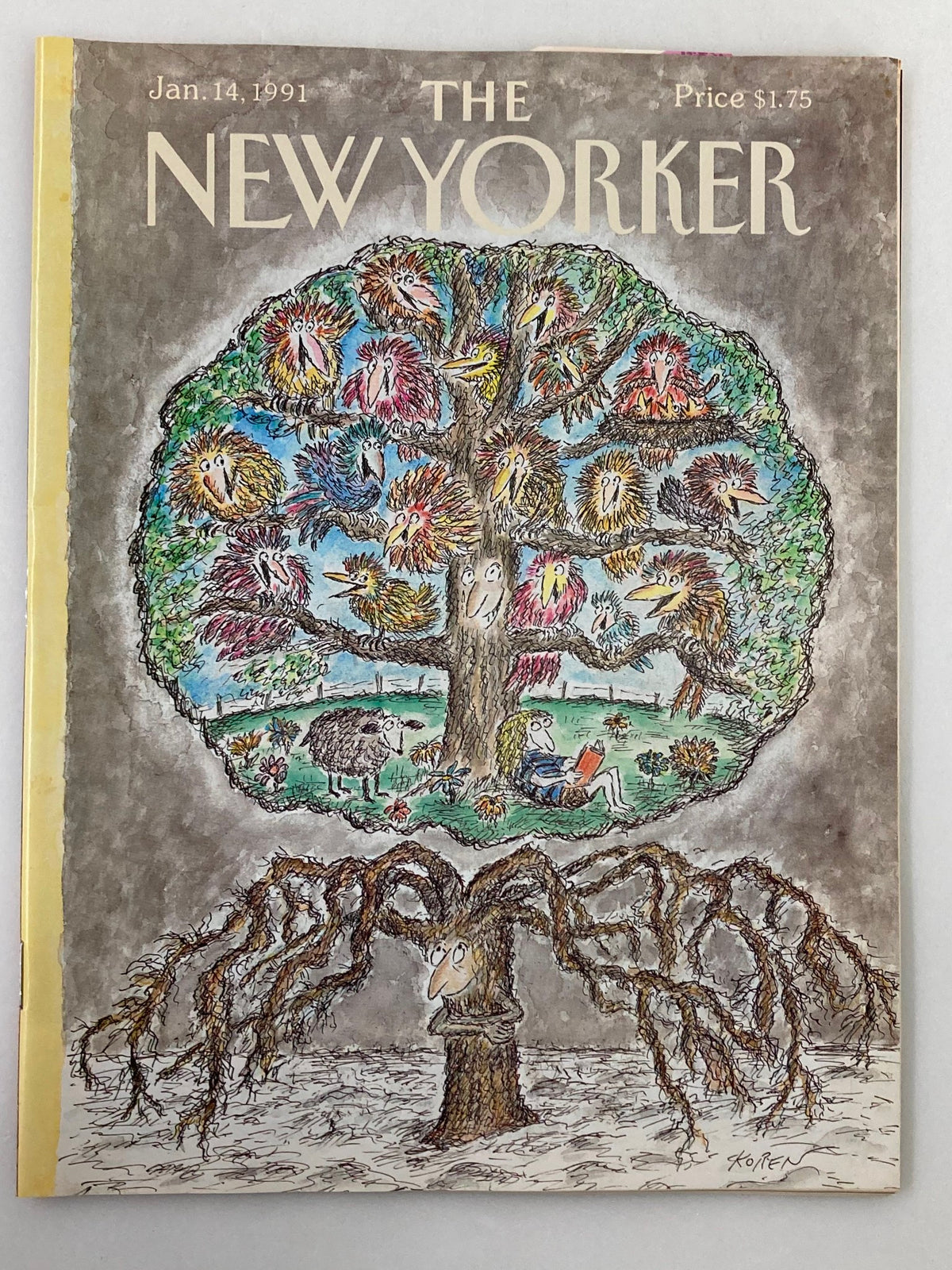 Cover of The New Yorker magazine, January 14, 1991, featuring the artwork 'Dream Tree' by E. Koren, showcasing colorful birds and whimsical scenes from around a large tree.