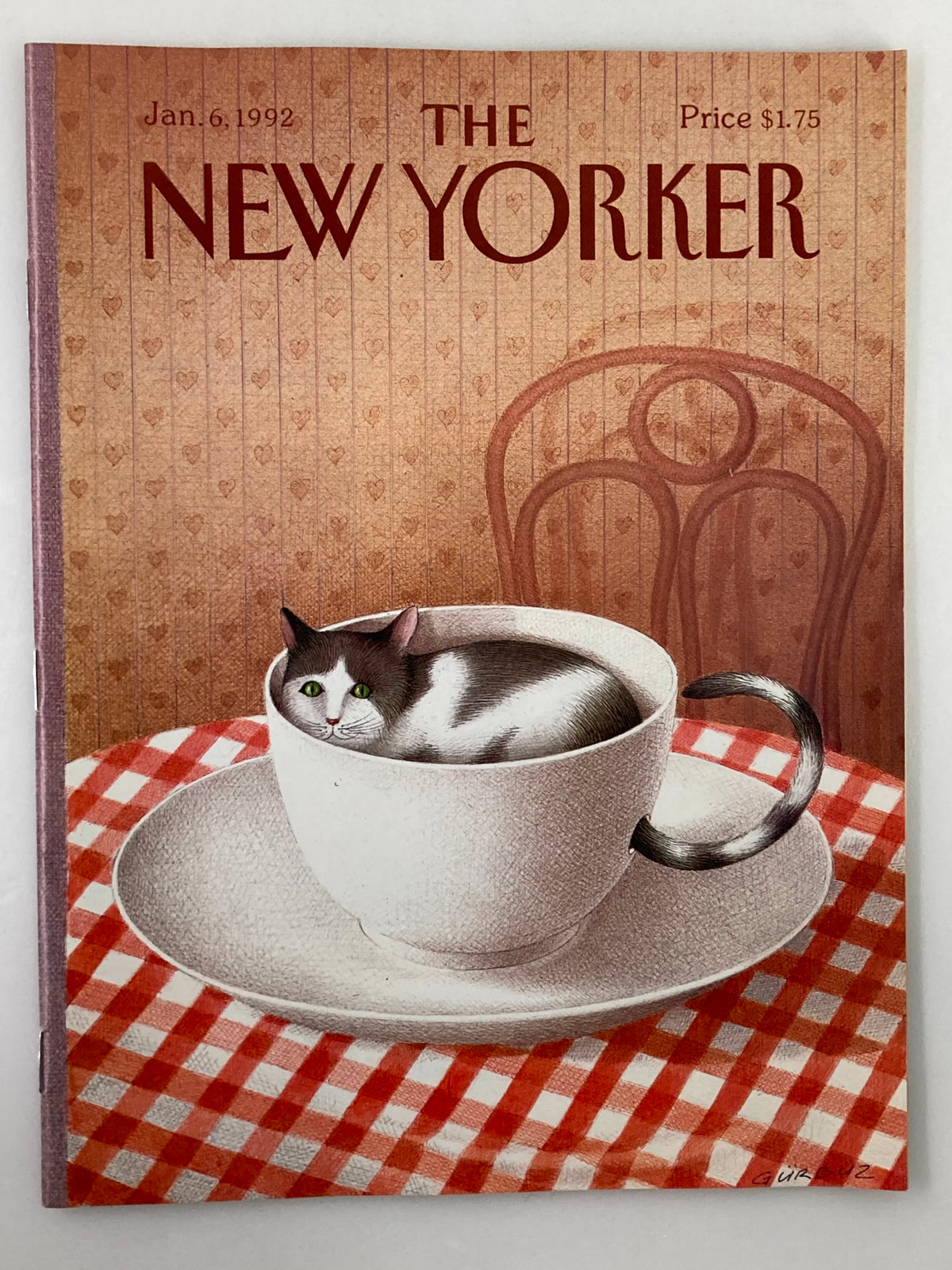 Cover of The New Yorker magazine January 6, 1992, featuring whimsical 'Coffee Cat' artwork by Eksioglu, showcasing a cat in a coffee cup against a patterned background.