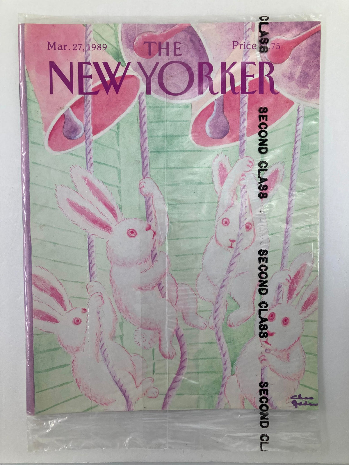 The New Yorker Full Magazine March 27, 1989 featuring a whimsical Bunny Bell cover design by Chas A., packed in original plastic and in very good condition. A collectible vintage magazine capturing the charm of late 1980s culture.