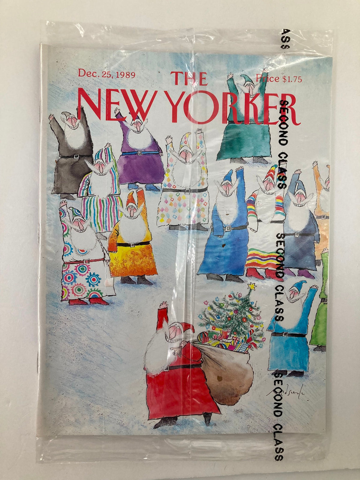 The New Yorker Full Magazine December 25 1989 featuring a colorful Santa cover illustration by Ronald Searle, sealed in plastic wrap.