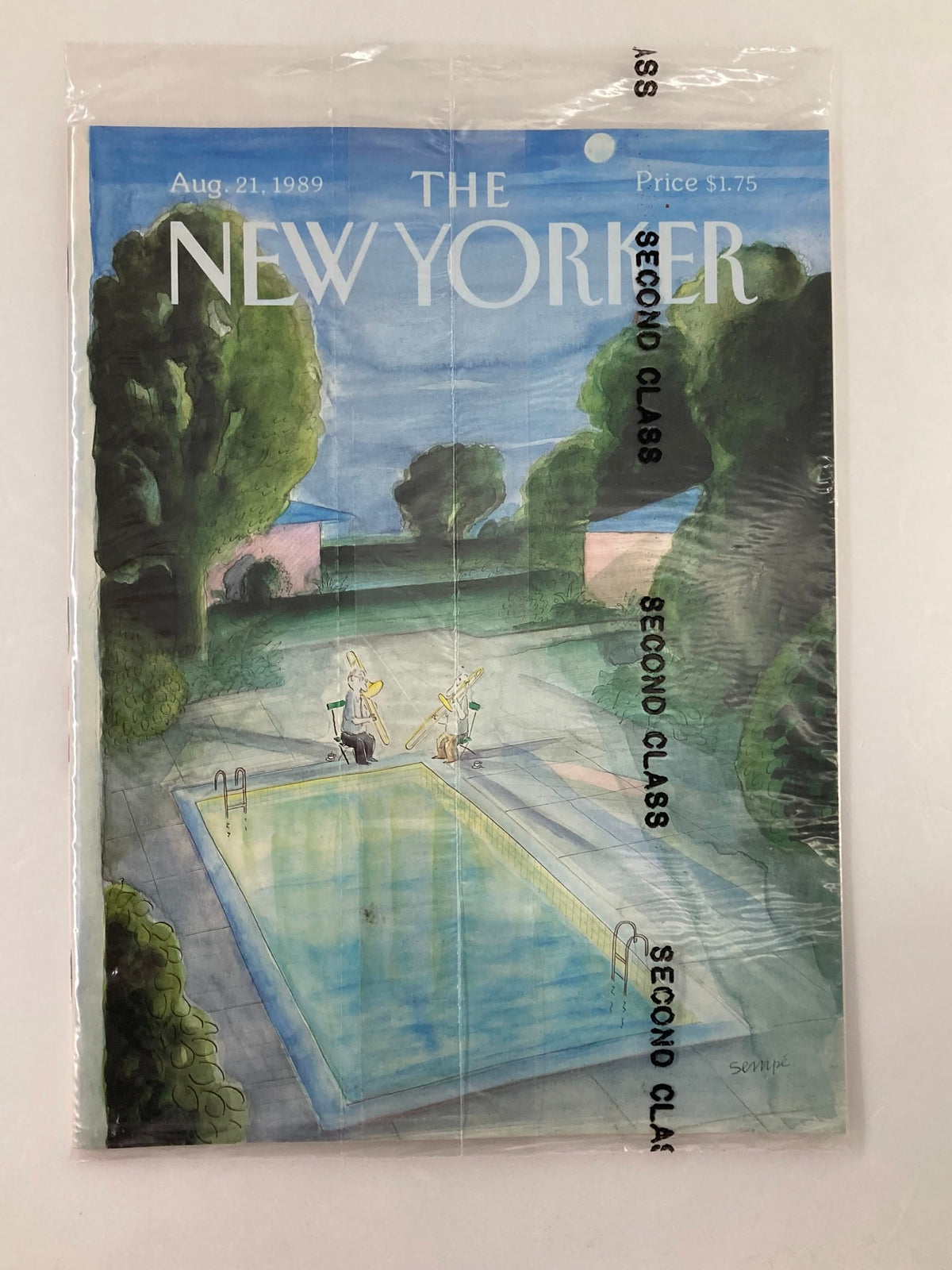 The New Yorker Full Magazine August 21 1989 featuring a poolside scene illustrated by Sempé, sealed in original plastic, showcasing classic late '80s art and culture.