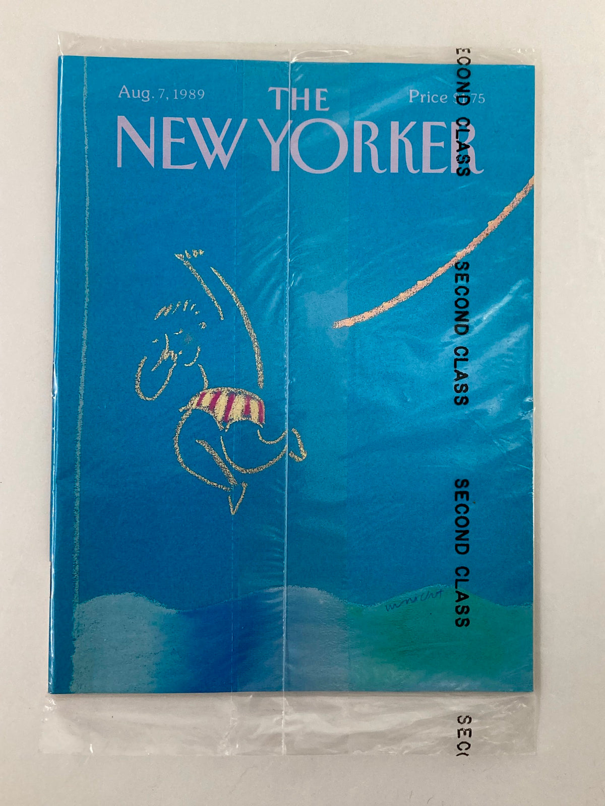 The New Yorker Full Magazine August 7 1989 with a vibrant cover featuring a swimming theme, fully sealed and in very good condition.