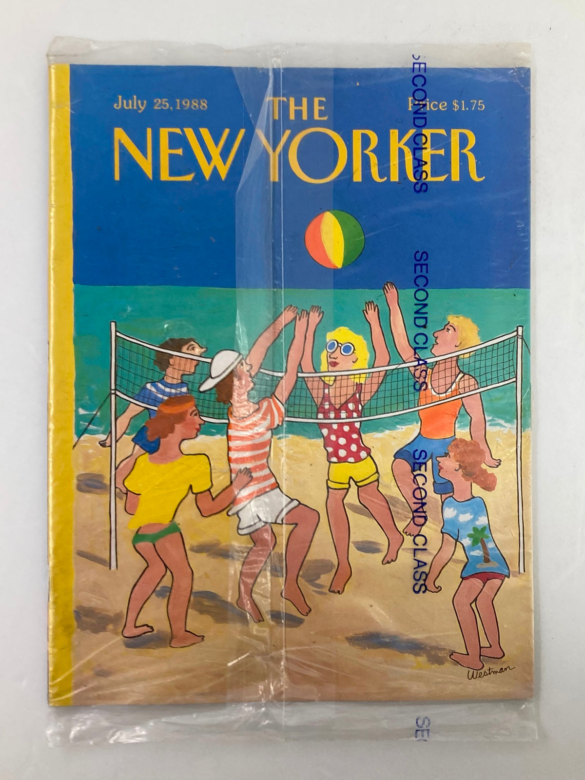 The New Yorker Full Magazine July 25 1988, featuring a vibrant beach volleyball scene on the cover, sealed in plastic with a price tag of $1.75, showcasing an illustration of people playing on the beach.