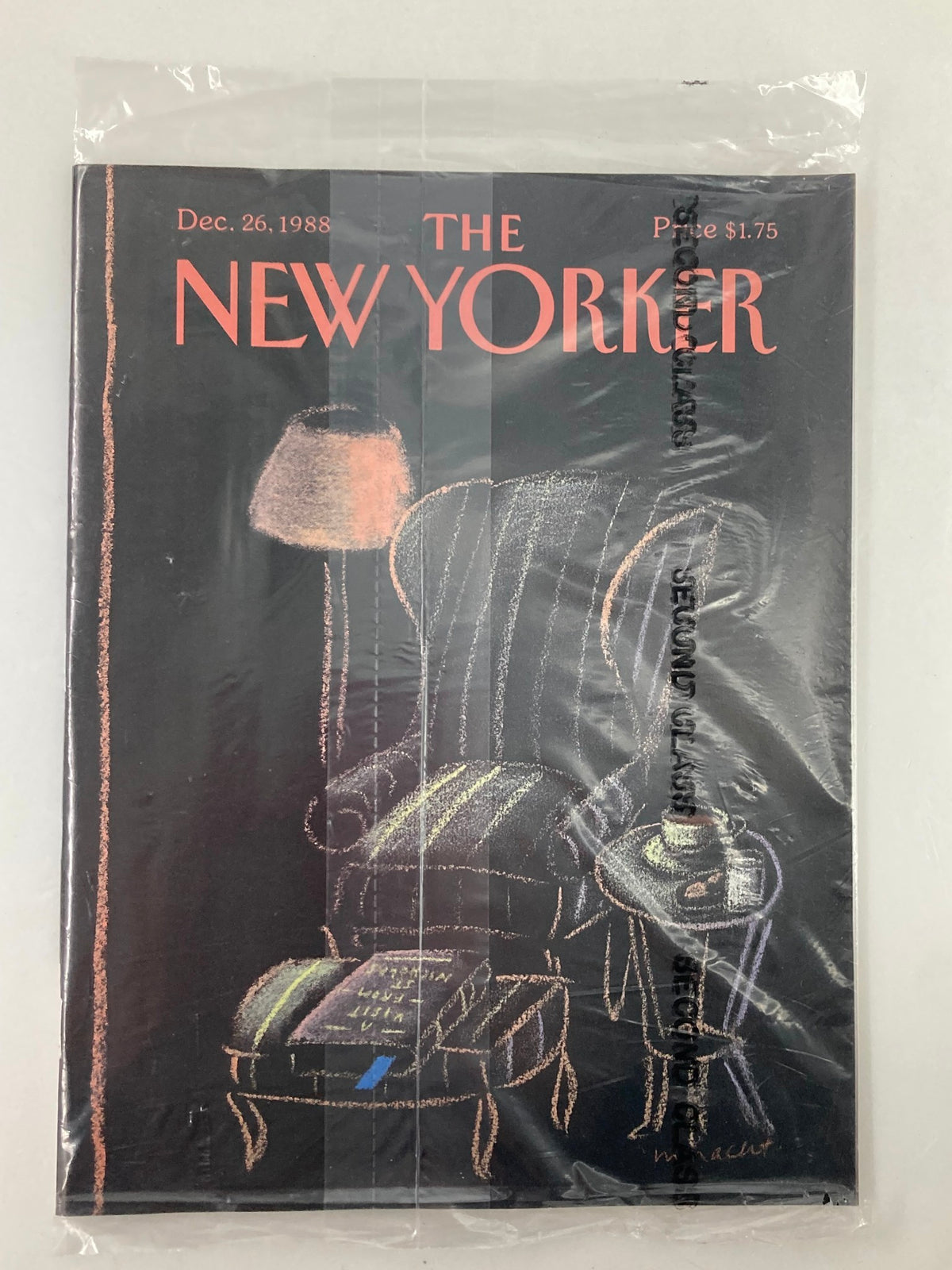 The New Yorker Full Magazine December 26 1988 cover featuring the 'Chair Set Nacht' artwork, sealed in plastic, showcasing its vintage condition and appealing design.