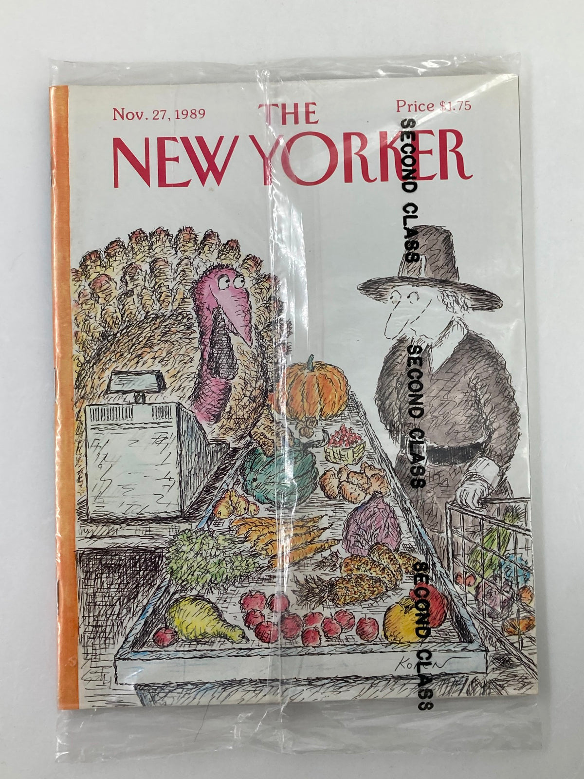 The New Yorker Full Magazine November 27, 1989 Thanksgiving Edition displayed in original plastic wrap, featuring a whimsical turkey illustration on the front cover.