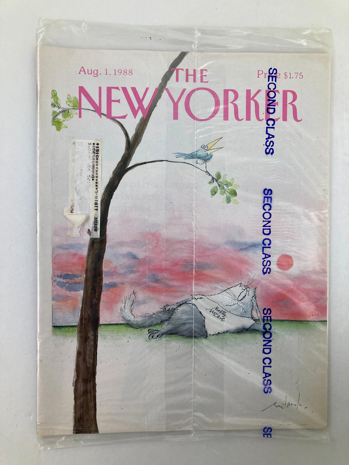Cover of The New Yorker Magazine from August 1, 1988, featuring the theme 'Mostly Mozart' illustrated by R. Searle, sealed in plastic with vintage art of a cat and bird against a colorful sunset.
