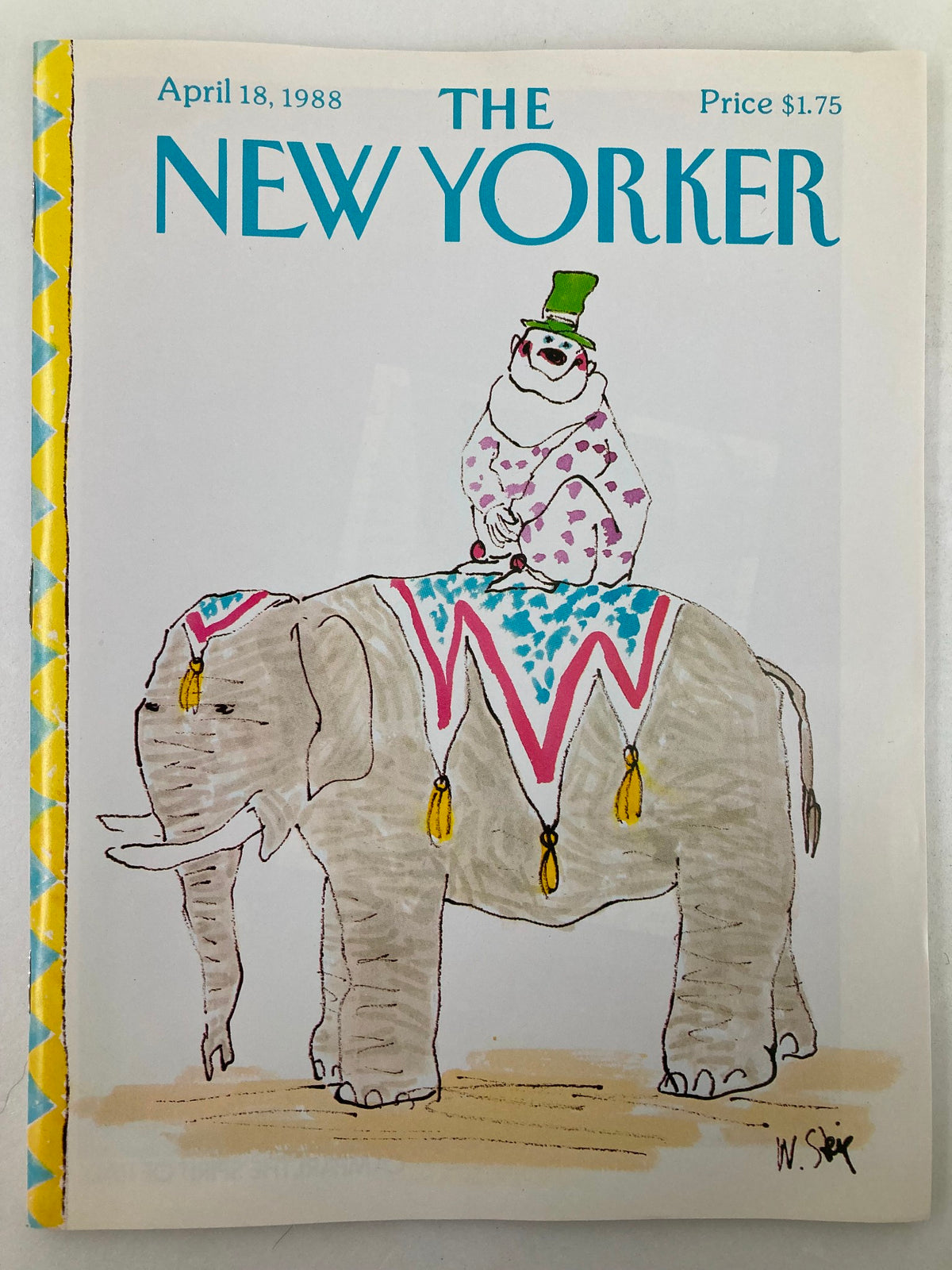 Cover of The New Yorker Full Magazine April 18, 1988 featuring a whimsical illustration of a clown on an elephant by William Steig.
