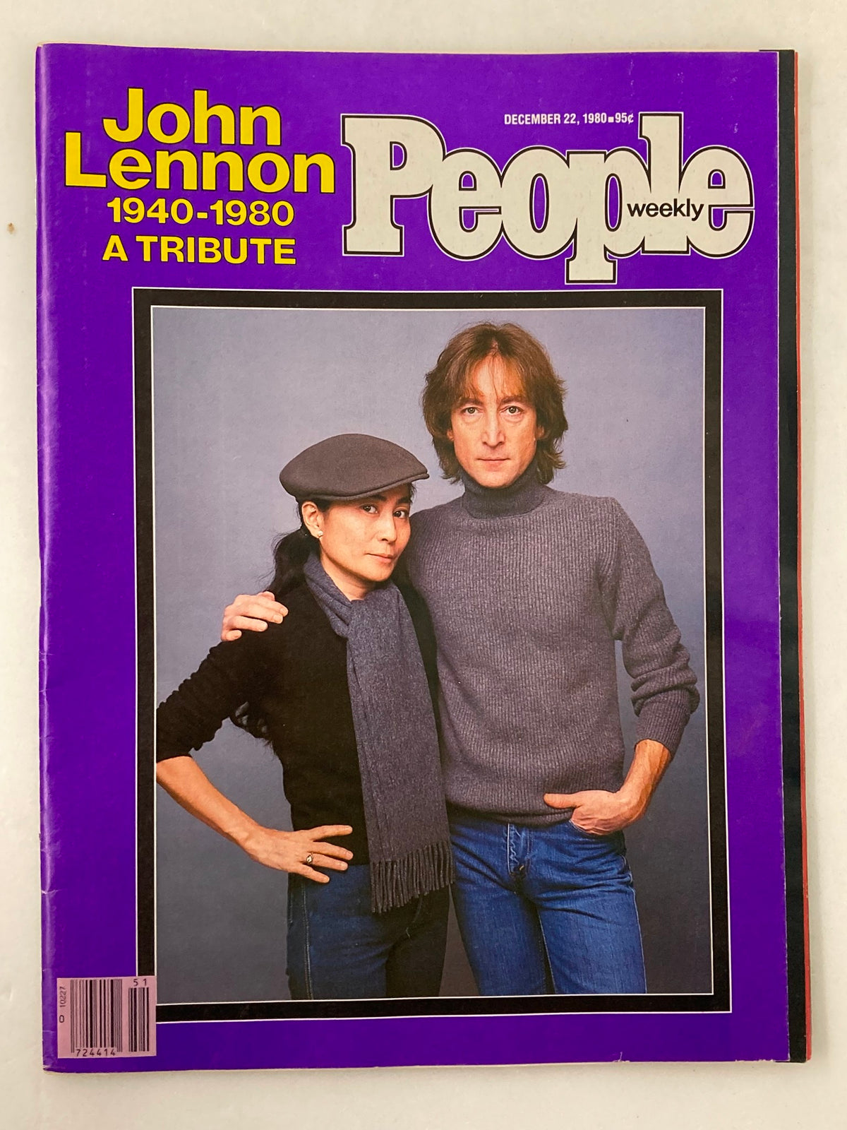 Vintage People Weekly Magazine cover from December 22, 1980, featuring a tribute to John Lennon, showcasing him with Yoko Ono, with a purple background and iconic styling of the era.