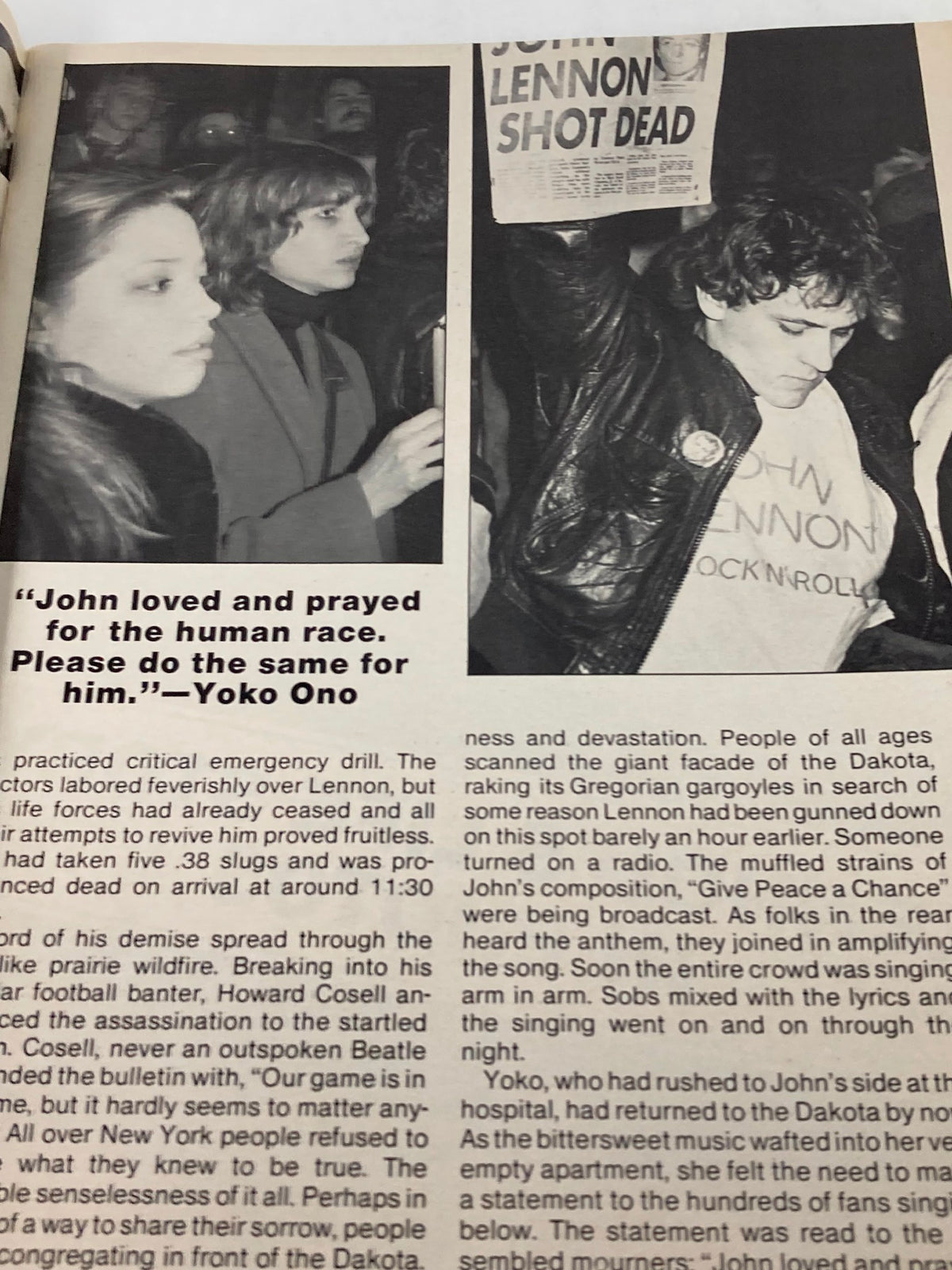Image from the December 22, 1980 issue of People Weekly Magazine featuring a crowd mourning John Lennon after his tragic death. The image captures individuals holding vigil, with one person raising a newspaper headline stating 'John Lennon Shot Dead'. This poignant moment emphasizes the impact of Lennon and Yoko Ono on pop culture.