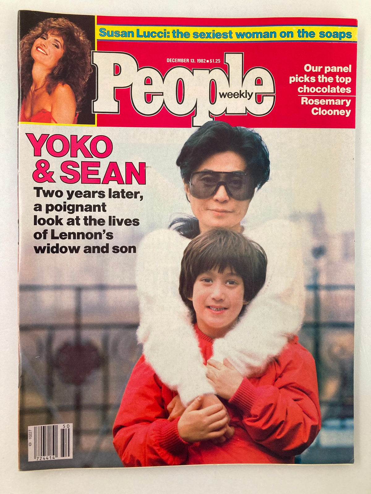 Cover of VTG People Weekly Magazine from December 13, 1982, featuring Yoko Ono and Sean Lennon. The magazine showcases a vibrant pop culture snapshot from the early 1980s, highlighting their personal lives with prominent headlines and colorful design.
