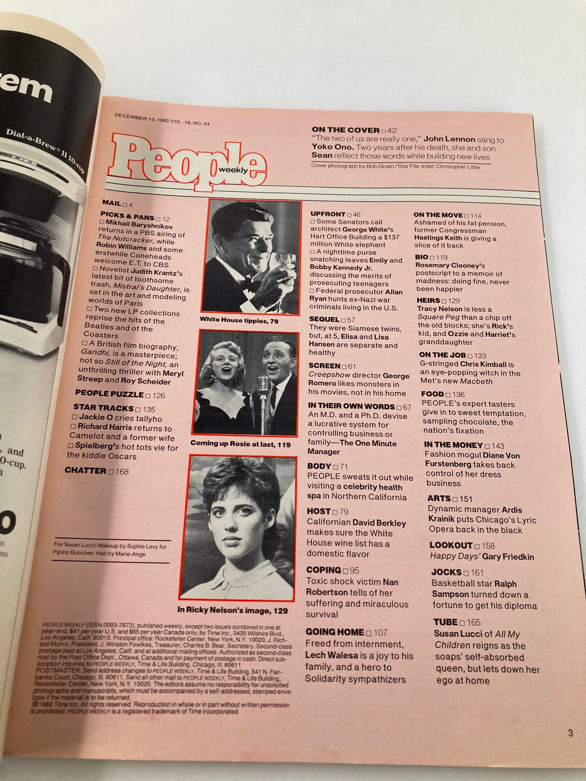 Vintage People Weekly Magazine cover page from December 13, 1982, featuring Yoko Ono and Sean Lennon, highlighting notable articles and topics of the era.
