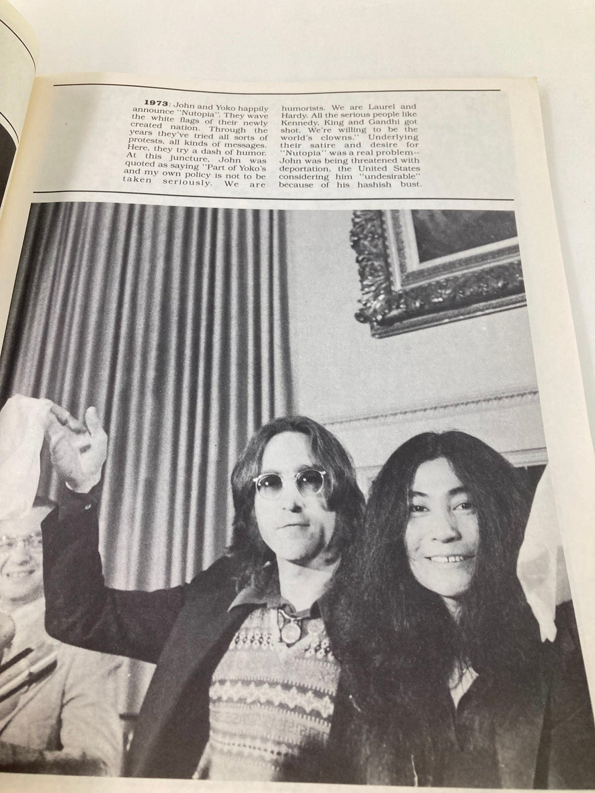 Inside page of VTG December 1980 John Lennon A Tribute Yesterday and Today magazine showing a historical photograph of John Lennon and Yoko Ono with informative text.