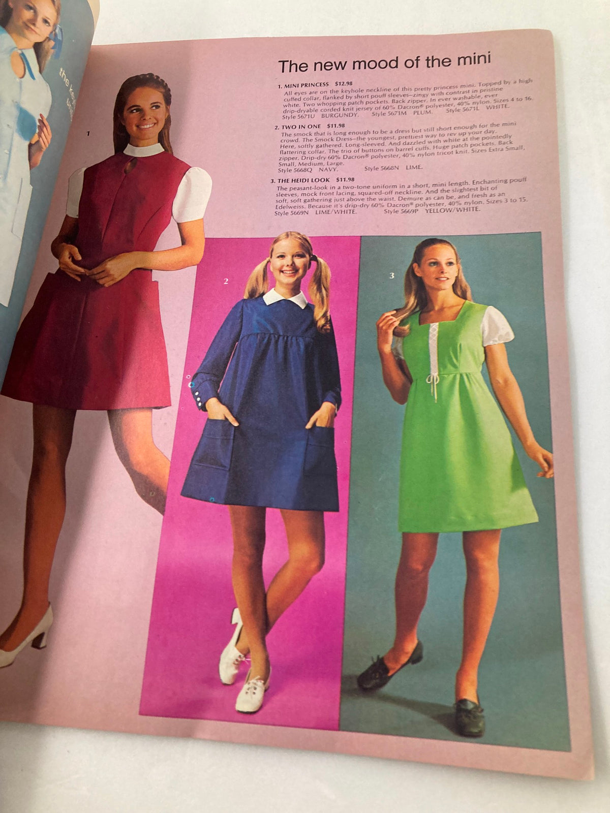 Bencone Spring - Summer 1972 Catalog showcasing colorful mini dresses and playful fashion, including styles like the 'Mini Princess' dress in plum and a green 'Two in One' dress.