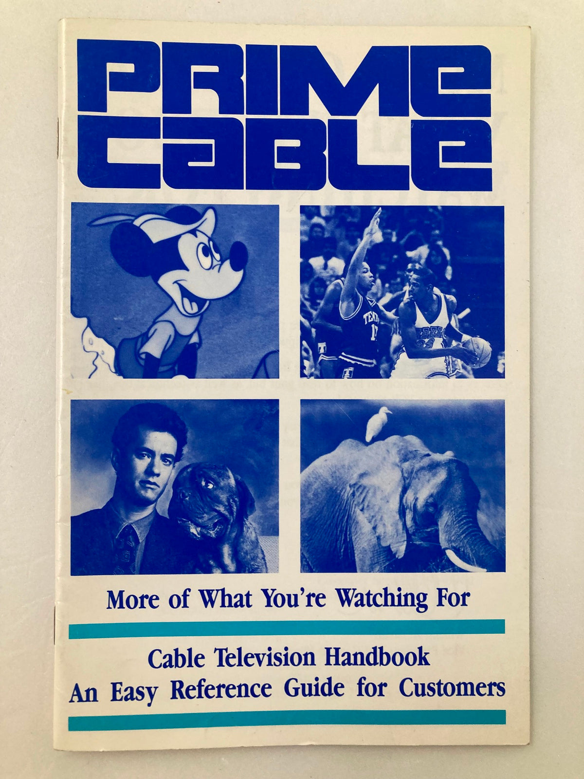 Cover of the Prime Cable Television Handbook Easy Reference Guide for Customers featuring images of a mouse, basketball players, a man with a dog, and an elephant, designed for easy reference.