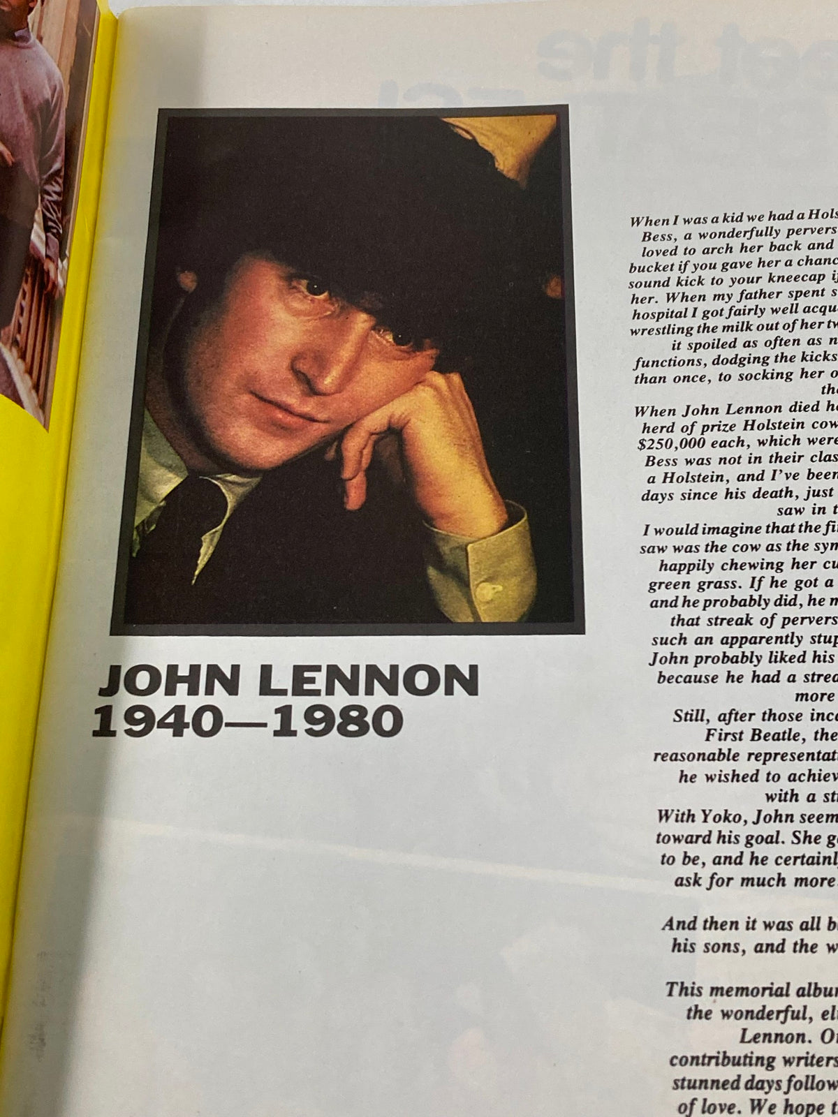 Biography section of the 1981 The Beatles' John Lennon 1940-1980 A Memorial Album highlighting John Lennon's life from 1940 to 1980.