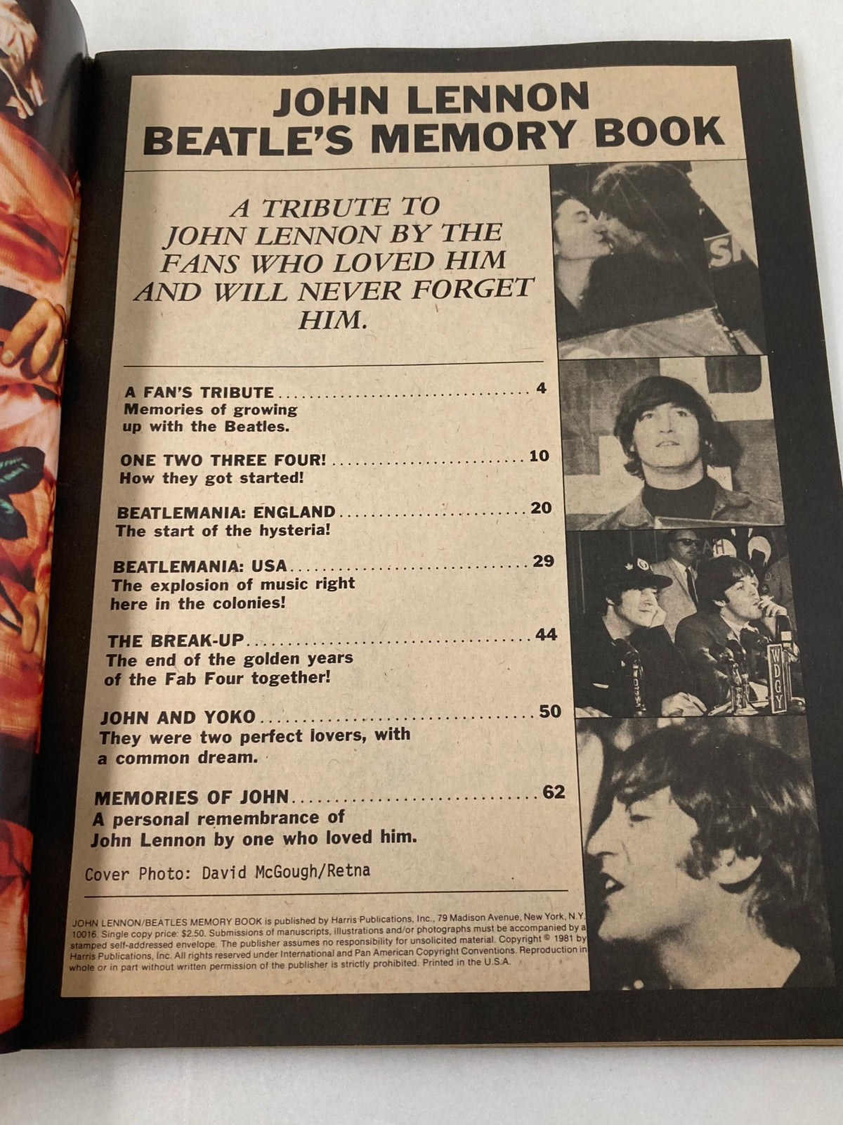 Table of contents page from the 1981 John Lennon Beatles Memory Book, highlighting tributes and features about John Lennon and The Beatles.