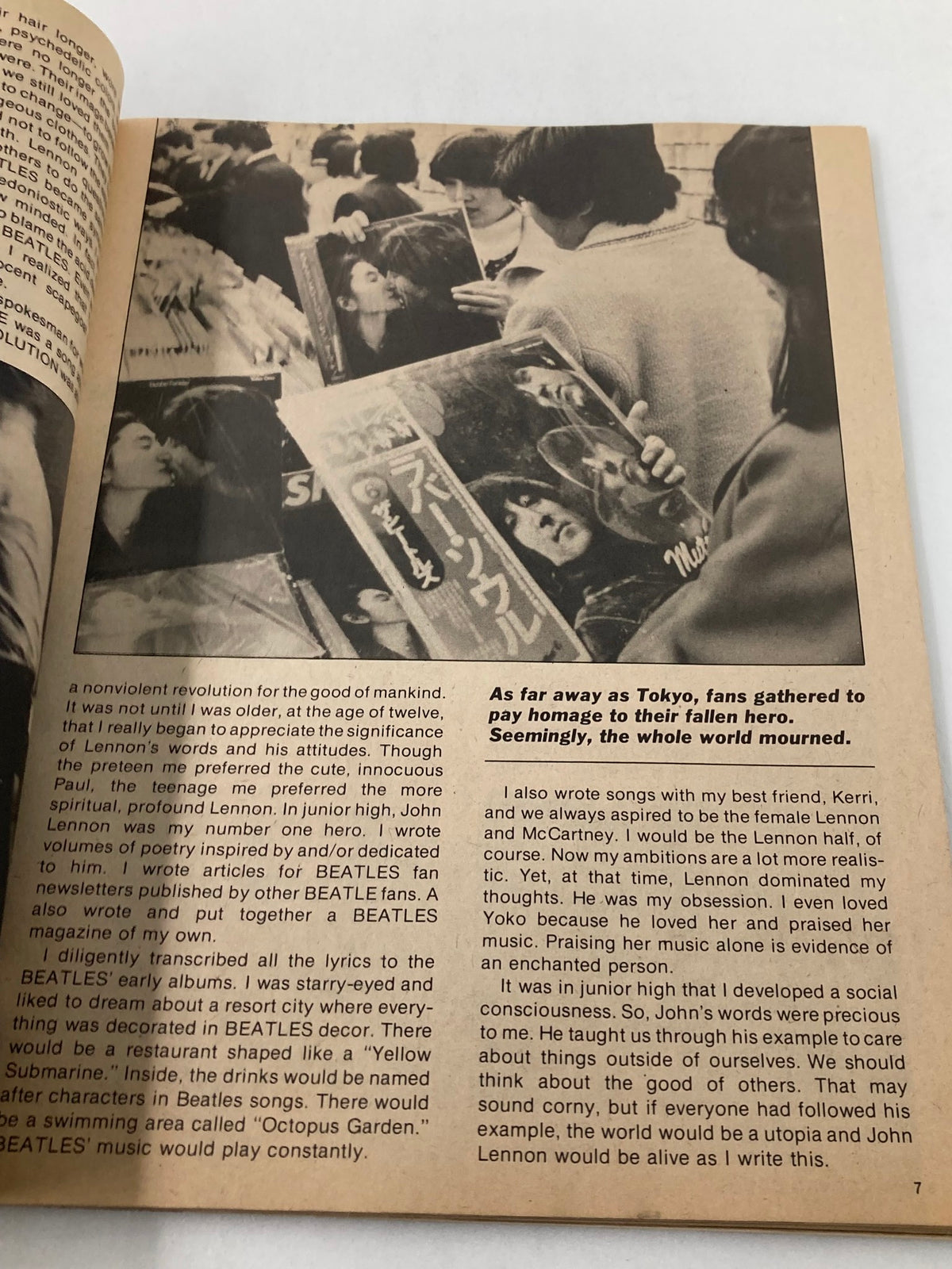 Interior page from the 1981 John Lennon Beatles Memory Book, showcasing fans paying tribute to John Lennon and reflecting on his impact on music and culture.