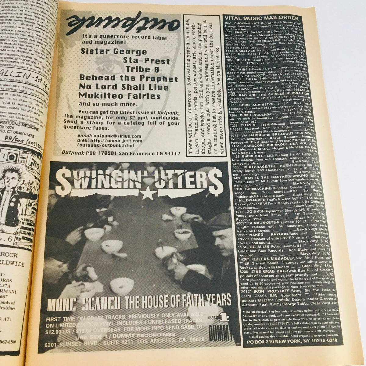 Inside page of Maximum RocknRoll Magazine February 1996 #153 featuring advertisements for punk bands, including Swingin' Utters, reflecting the underground punk scene.