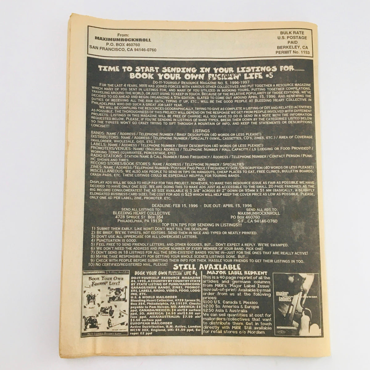 Back cover of Maximum RocknRoll Magazine February 1996 #153 showcasing listings and punk rock resources.