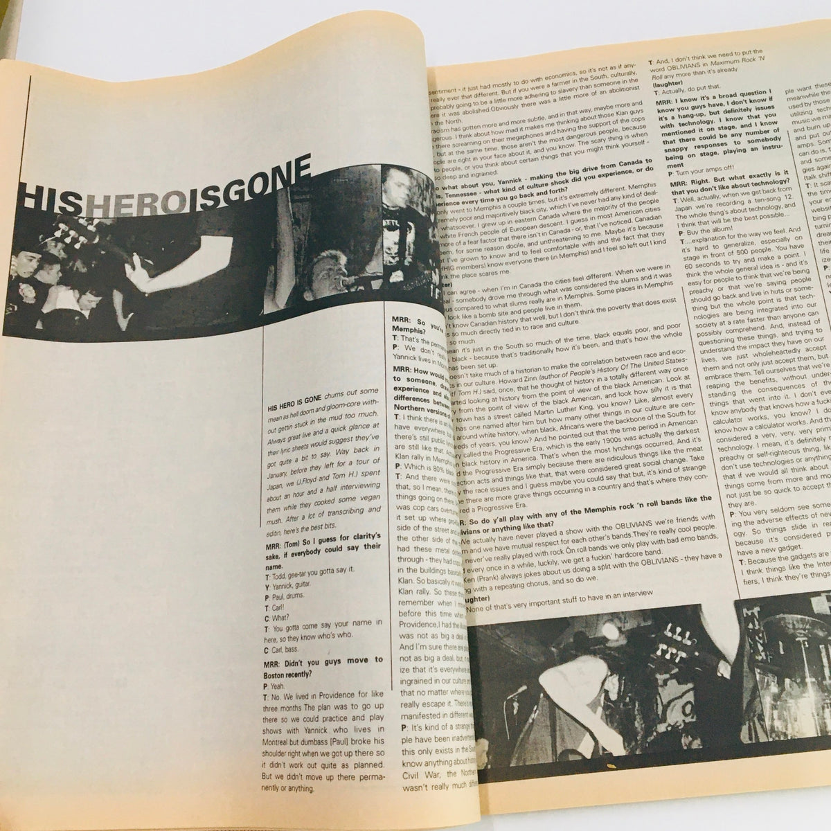 Article page from Maximum RocknRoll Magazine August 1998 #183 containing an interview with the band 'His Hero Is Gone', discussing their music experiences and influences in punk rock.