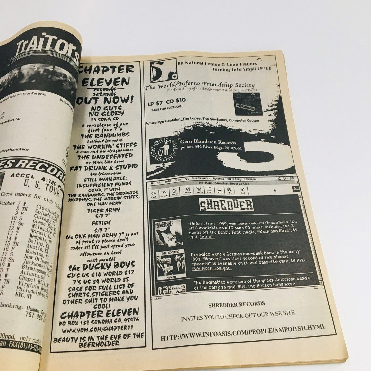 Advertisement page from Maximum RocknRoll Magazine October 1998 #185, highlighting punk rock records and bands available at the time.