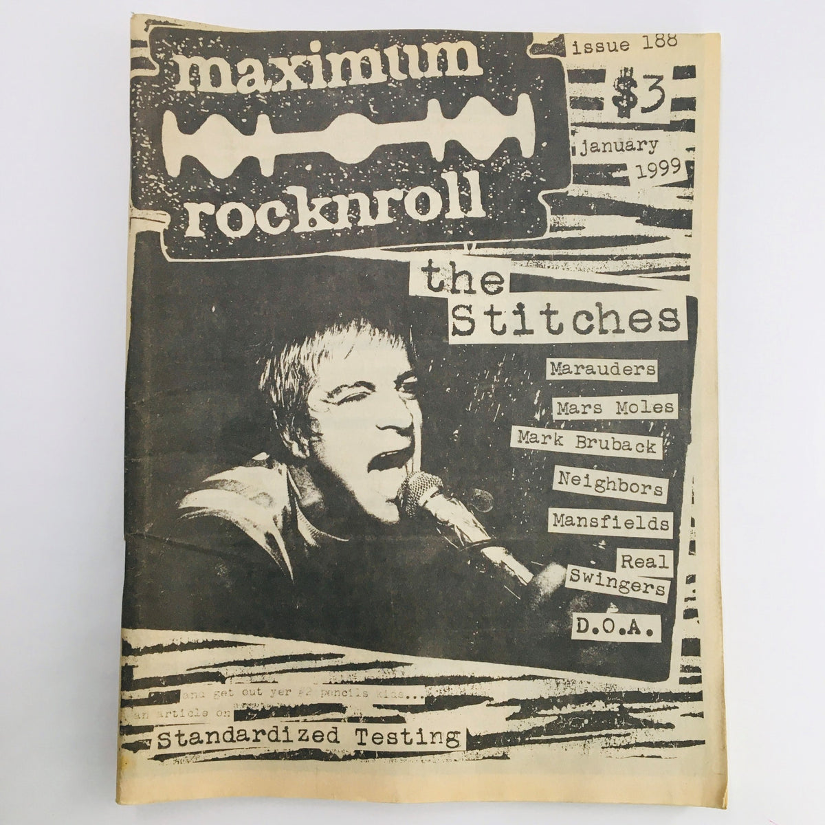Cover of Maximum RocknRoll Magazine January 1999 Issue #188 featuring The Stitches, showcasing punk rock themes and band names like Mars Moles and D.O.A.