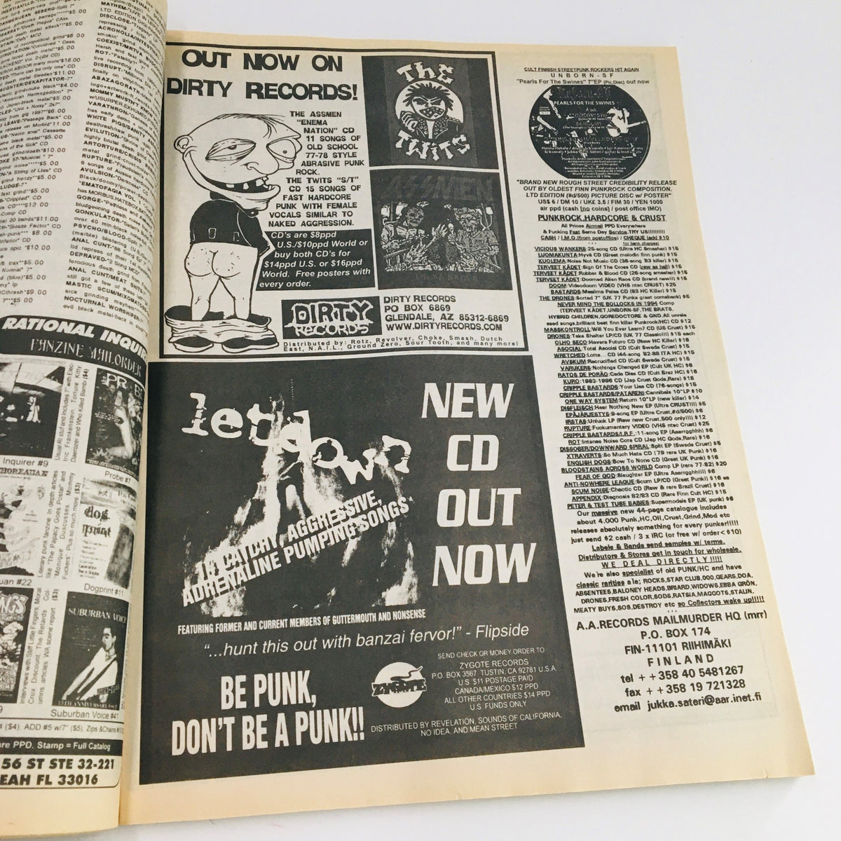 Promotional content from Maximum RocknRoll Magazine January 1999 #188 for Dirty Records, highlighting various punk music releases and encouraging fans to support the underground music community.