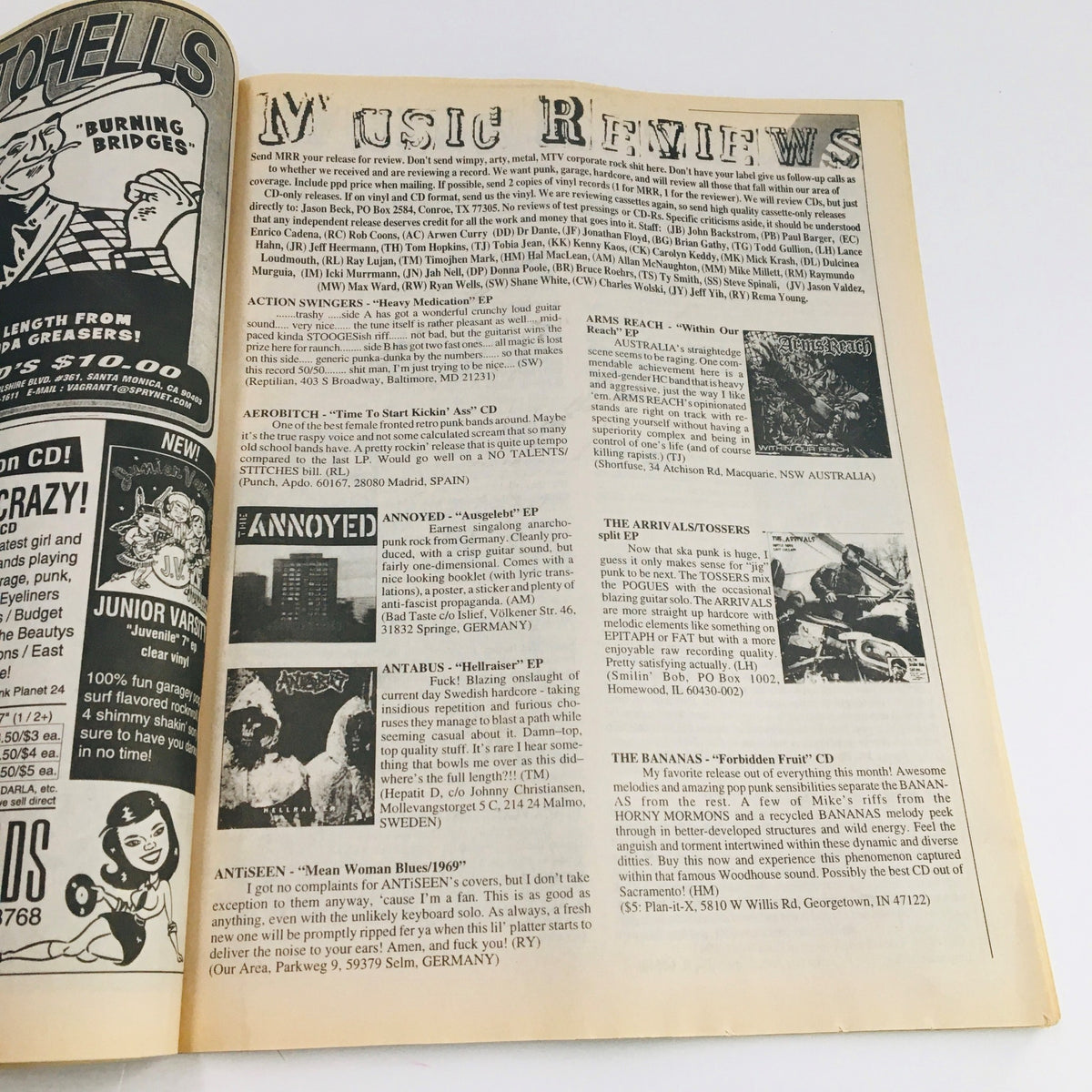 Music reviews page from Maximum RocknRoll Magazine January 1999 #188, listing critiques and recommendations for various punk albums, featuring notable bands of the era.